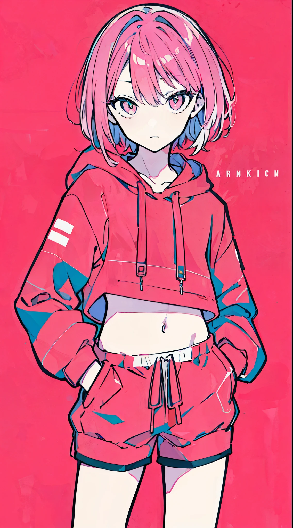 (masterpiece, highest quality:1.6), alone, thick outline, (simple background, Bright pink background, monochrome, bright pink theme:1.2), official art, Key Visual, 8K, confused, whole body, (Unique hair, oversized hoodie, hot pants, arch back, short torso:1.2), belly button, thighs, cowboy shot, HDR, sharp focus, High resolution, most detailed, very detailed, Super detailed, finely, detailed eyes and face, sharp pupils, realistic student, alone, pink and white contrast, alone, hands in pockets