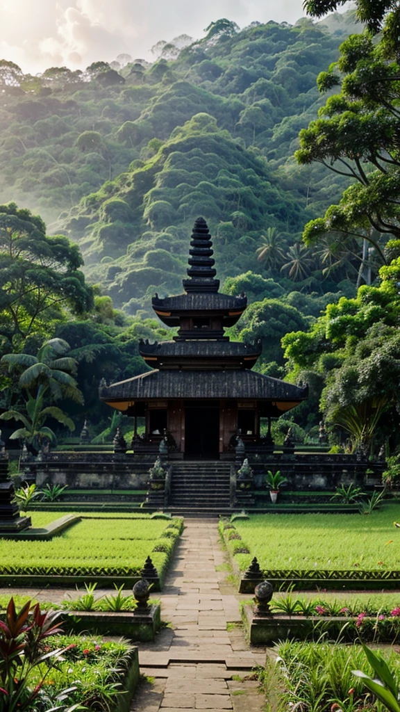 a Bedugul-Bali botanical garden, various plants, green grasslands, foggy weather with the sun shining brightly in the afternoon,at Ulun Danu Beratan Temple, Bedugul