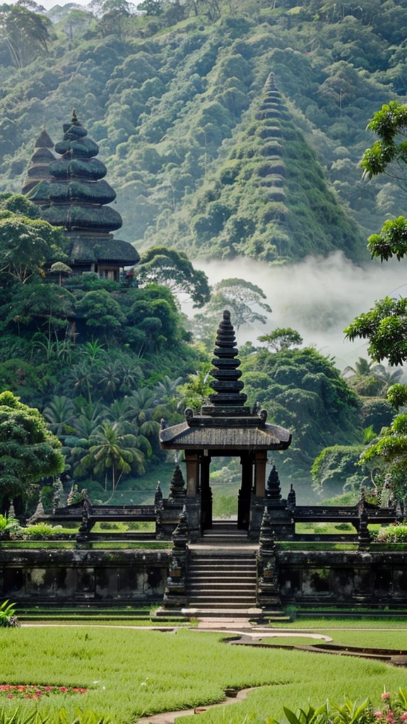 a Bedugul-Bali botanical garden, various plants, green grasslands, foggy weather with the sun shining brightly in the afternoon,at Ulun Danu Beratan Temple, Bedugul