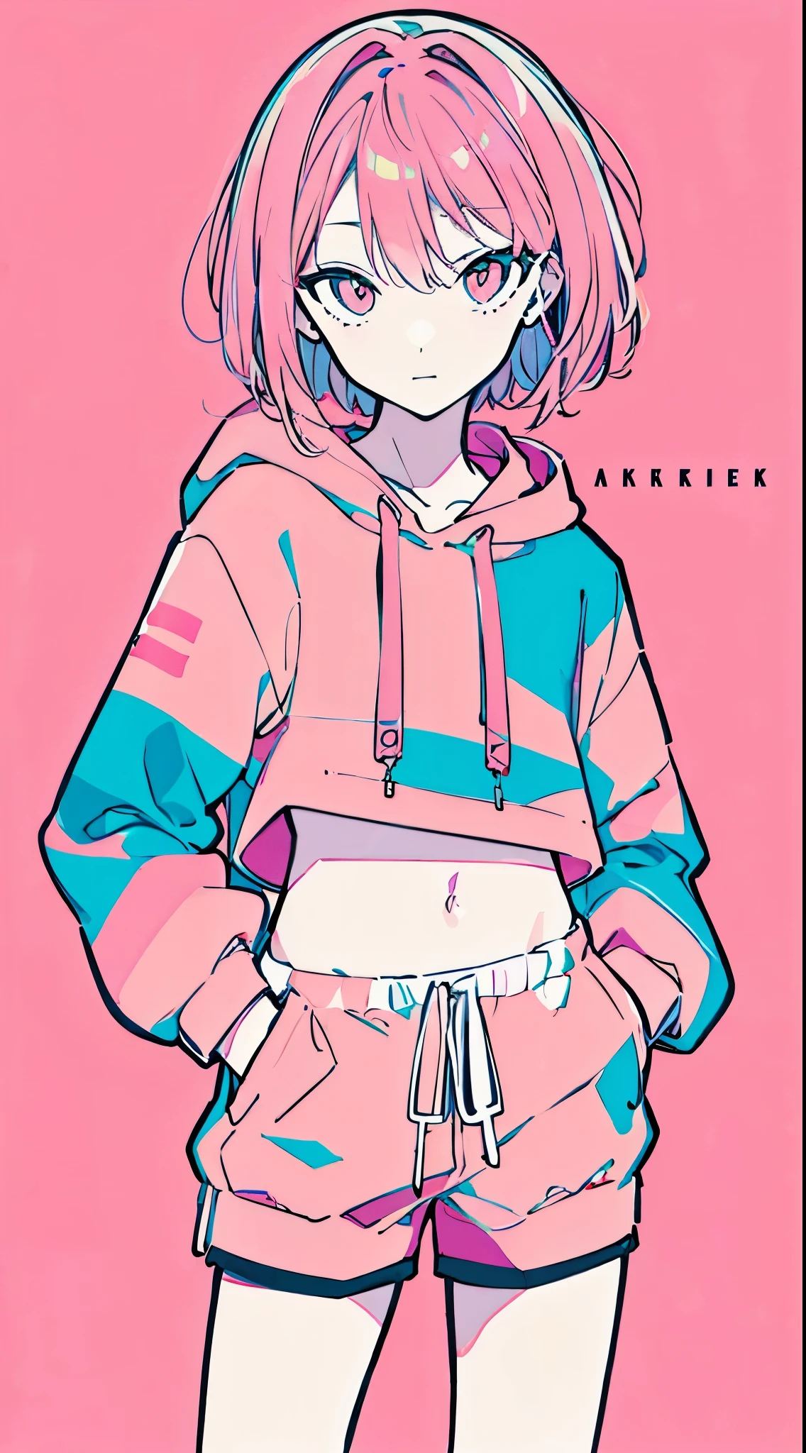 (masterpiece, highest quality:1.6), alone, thick outline, (simple background, Bright pink background, monochrome, bright pink theme:1.2), official art, Key Visual, 8K, confused, whole body, (Unique hair, oversized hoodie, hot pants, arch back, short torso:1.2), belly button, thighs, cowboy shot, HDR, sharp focus, High resolution, most detailed, very detailed, Super detailed, finely, detailed eyes and face, sharp pupils, realistic student, alone, pink and white contrast, alone, hands in pockets