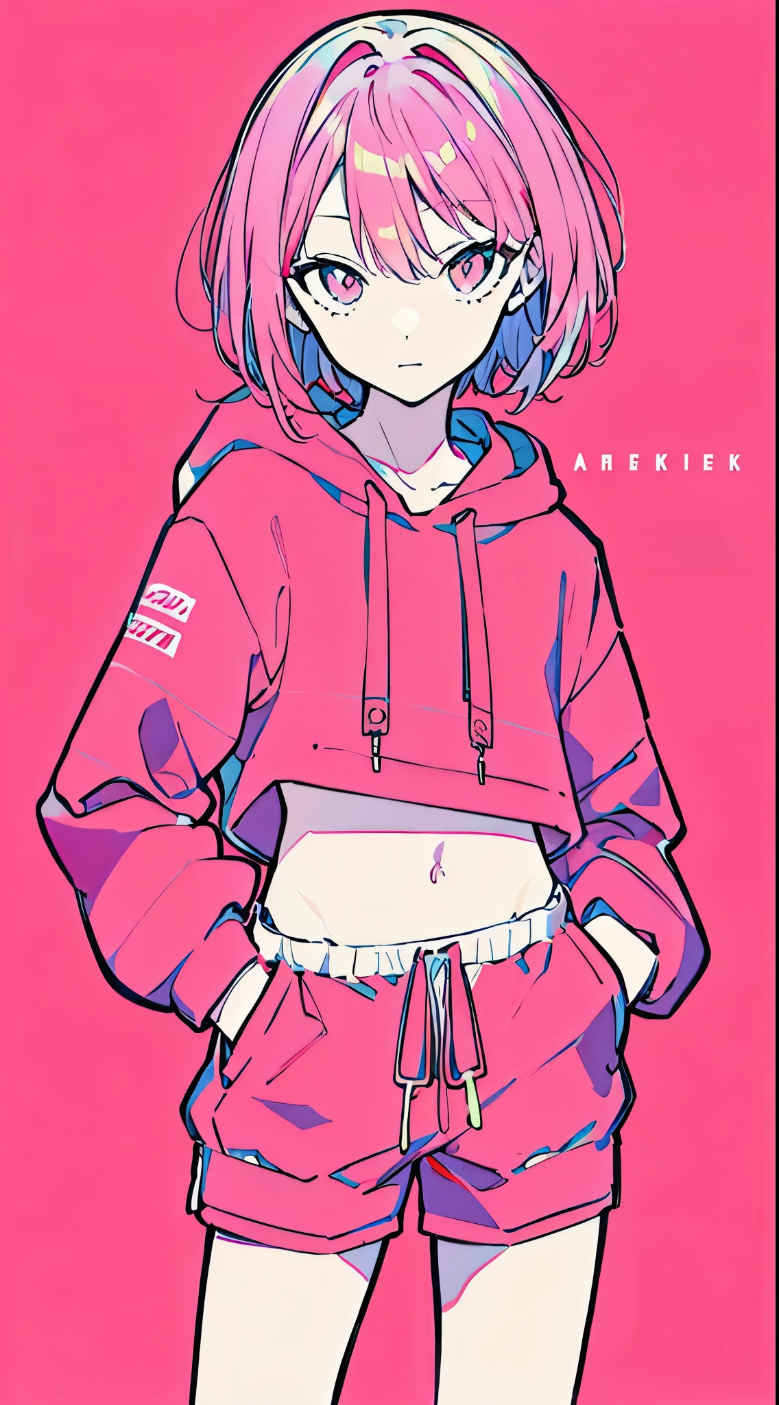 (masterpiece, highest quality:1.6), alone, thick outline, (simple background, Bright pink background, monochrome, bright pink theme:1.2), official art, Key Visual, 8K, confused, whole body, (Unique hair, oversized hoodie, hot pants, arch back, short torso:1.2), belly button, thighs, cowboy shot, HDR, sharp focus, High resolution, most detailed, very detailed, Super detailed, finely, detailed eyes and face, sharp pupils, realistic student, alone, pink and white contrast, alone, hands in pockets