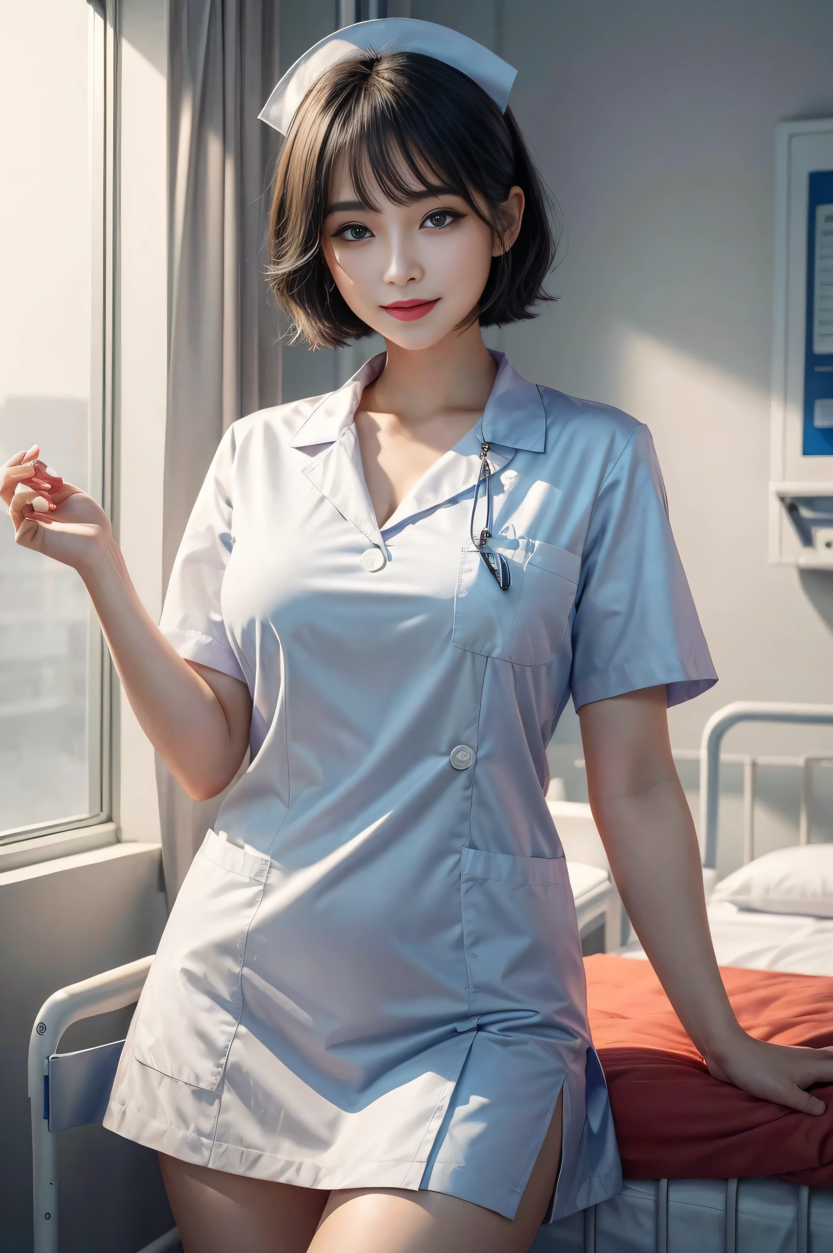 (1 终极美女Nurse)、{{{masterpiece}}}, {ohoh, oh, real:1.2}, best quality, official art, Highly detailed CG unified 8k wallpaper, Very rich facial details、delicate lips、exquisite eyes、double eyelids、((black bob hair))、(Nurse:1.3)、(charming figure)、(huge)、((Open your mouth and laugh: 1.8, cute smiling: 1.8)), alone, Short hair details, vibrant smile, blue eyes,have eyes_Tokar, {Beautiful details gradient eyes}, red lips,thigh, thigh, thigh, perfect fit, 完美的图像realism, background with: (Hospital Rooms:1.2), cow boy shooting, Detailed background, detailed clothing, perfect lighting、超realism、(realism:1.4)、8K maximum resolution, (masterpiece), The content is very detailed, professional,