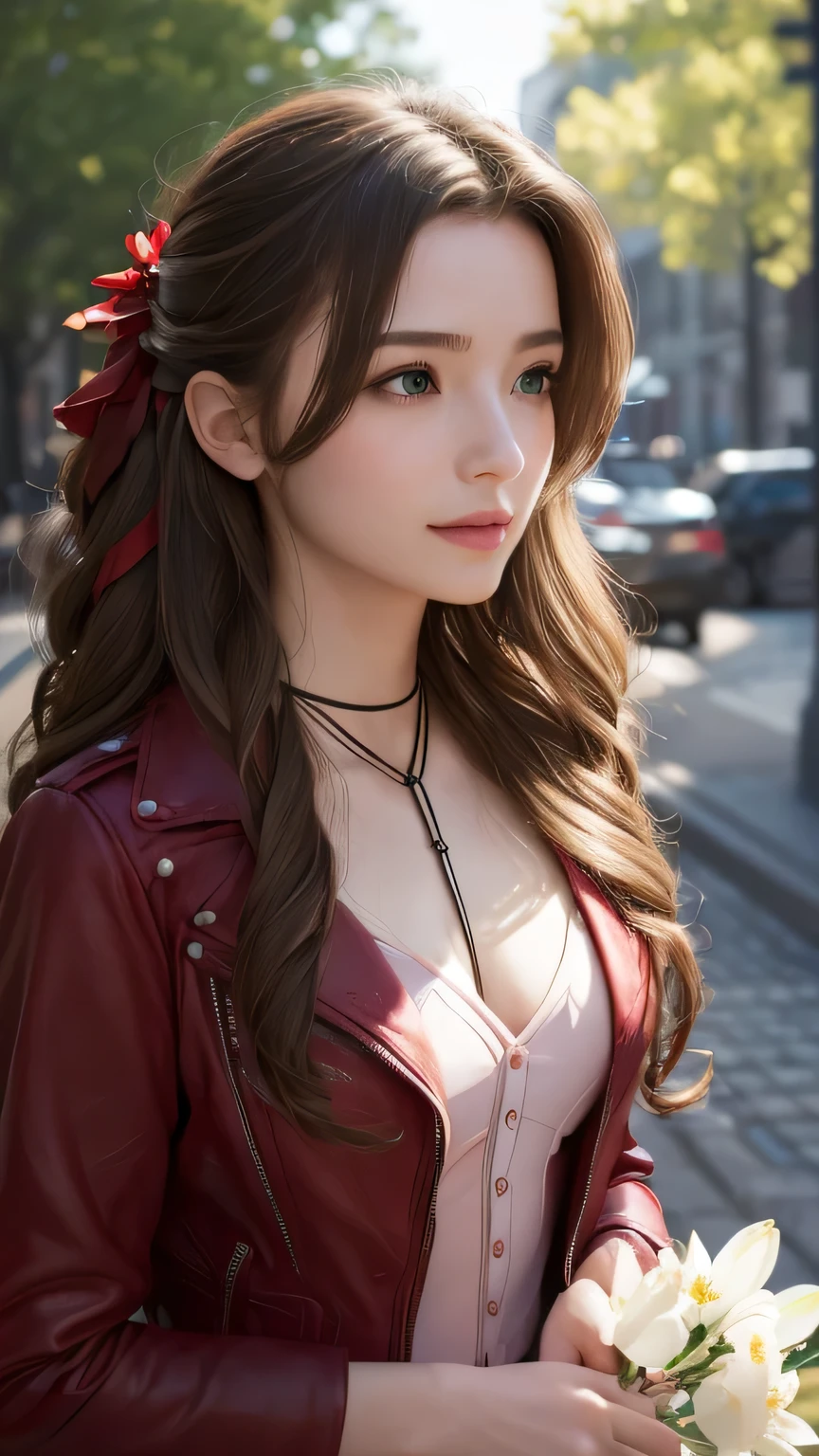 (masterpiece, 最high quality:1.4), (Future days), (full of white flowers), (1 girl), alone, (european youth:1), Aeris Gainsbourg, choker, cropped jacket, hair ribbon, bracelet, pink dress, brown boots, very long hair, hair ribbon, hair flower, strapless red dress, high heels hyperrealistic, high resolution skin, Digital single-lens reflex camera, soft lighting, high quality, highly detailed face, highly detailed skin, skin pores, scattered below the surface, realistic pupils, Medium chest, blush all over the face, lip whole, detailed background, written boundary depth, volume lighting, sharp focus, confused, realistic proportions, excellent anatomy, (realistic, hyperrealistic:1.4), 16K HDR,smile