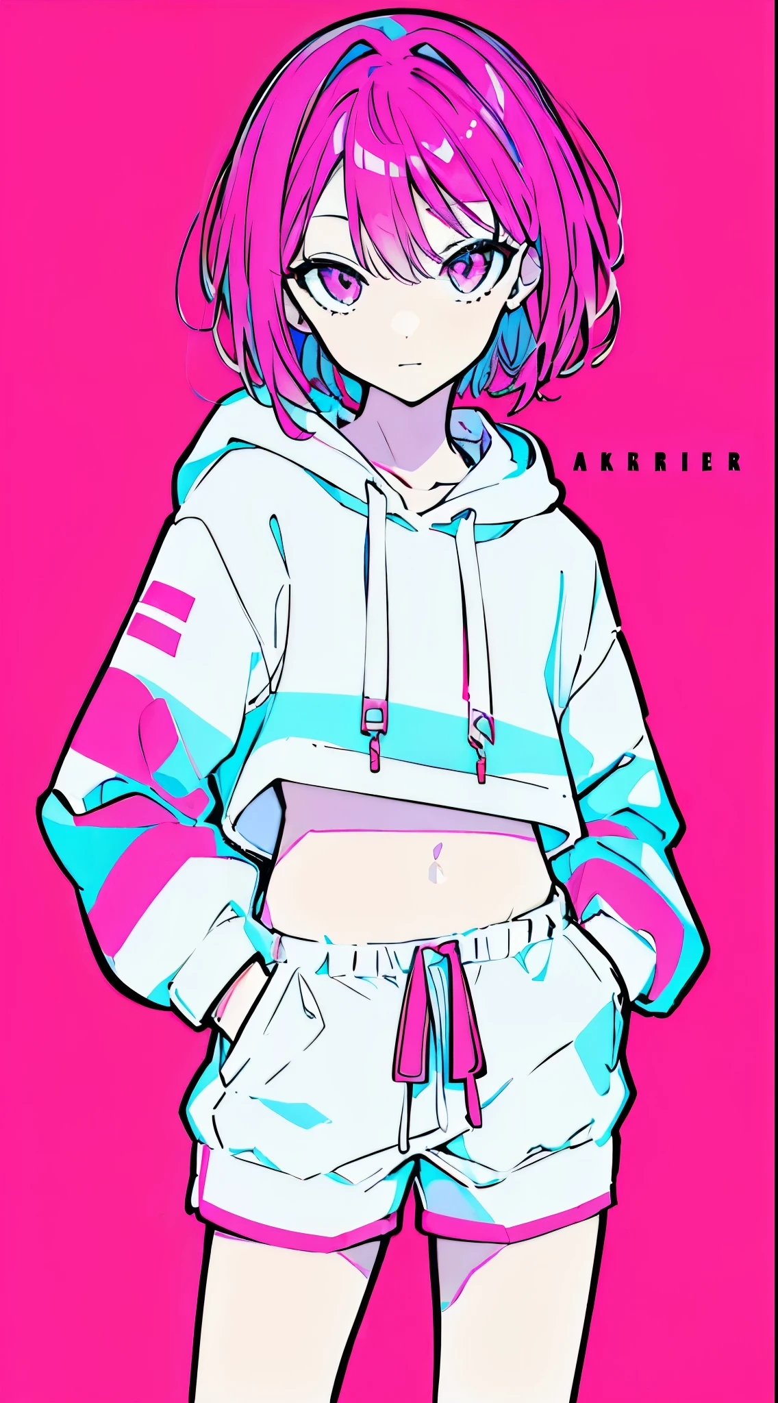 (masterpiece, highest quality:1.6), alone, thick outline, (simple background, Bright pink background, monochrome, bright pink theme:1.2), official art, Key Visual, 8K, confused, whole body, (Unique hair, oversized hoodie, hot pants, arch back, short torso:1.2), belly button, thighs, cowboy shot, HDR, sharp focus, High resolution, most detailed, very detailed, Super detailed, finely, detailed eyes and face, sharp pupils, realistic student, alone, pink and white contrast, alone, hands in pockets
