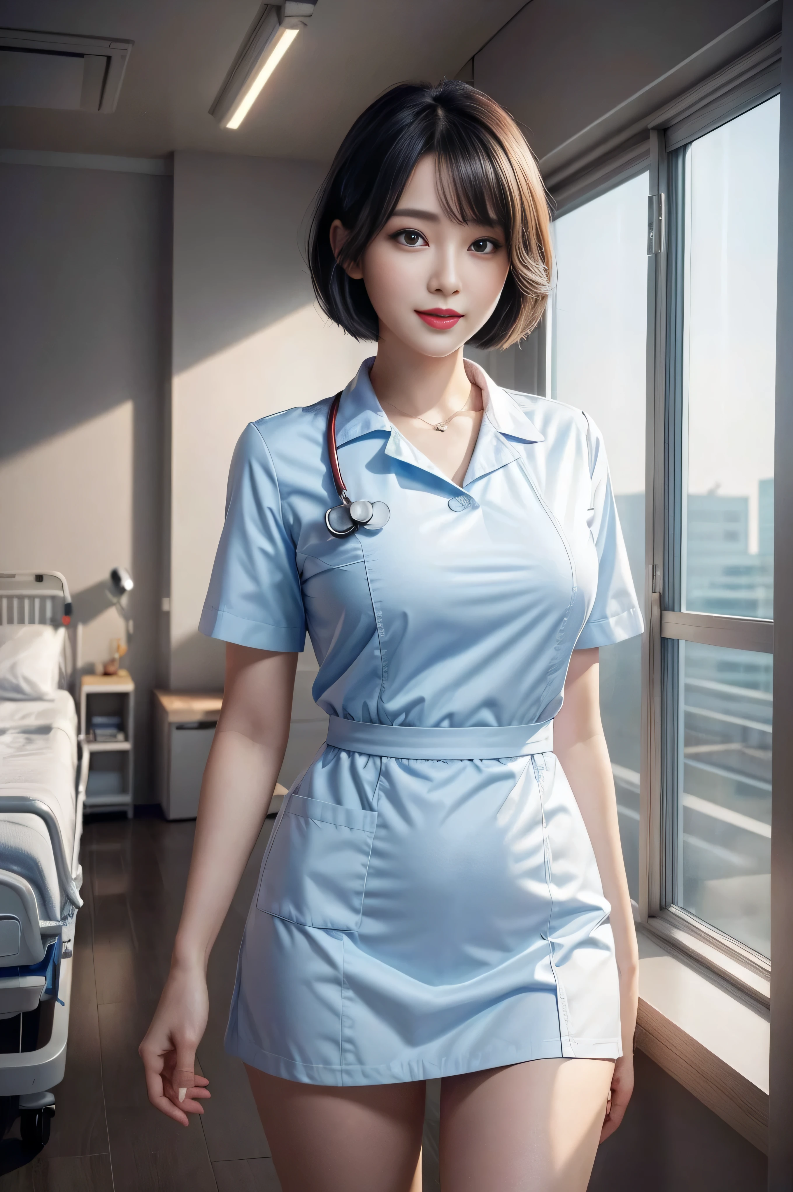 (1 终极美女Nurse)、{{{masterpiece}}}, {ohoh, oh, real:1.2}, best quality, official art, Highly detailed CG unified 8k wallpaper, Very rich facial details、delicate lips、exquisite eyes、double eyelids、((black bob hair))、(Nurse:1.3)、(charming figure)、(huge)、((Open your mouth and laugh: 1.8, cute smiling: 1.8)), alone, Short hair details, vibrant smile, blue eyes,have eyes_Tokar, {Beautiful details gradient eyes}, red lips,thigh, thigh, thigh, perfect fit, 完美的图像realism, background with: (Hospital Rooms:1.2), cow boy shooting, Detailed background, detailed clothing, perfect lighting、超realism、(realism:1.4)、8K maximum resolution, (masterpiece), The content is very detailed, professional,