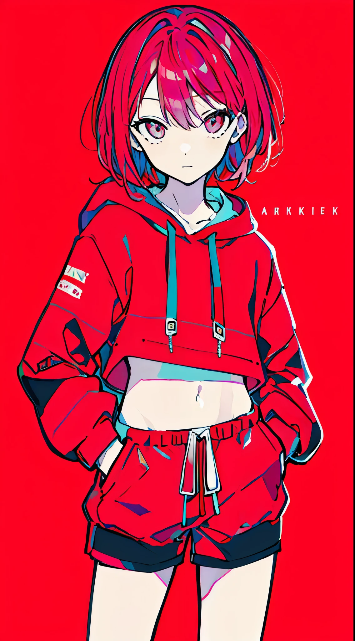 (masterpiece, highest quality:1.6), alone, thick outline, (simple background, red bright pink background, monochrome, bright bright pink theme:1.2), official art, Key Visual, 8K, confused, whole body, (Unique hair, oversized hoodie, hot pants, arch back, short torso:1.2), belly button, thighs, cowboy shot, HDR, sharp focus, High resolution, most detailed, very detailed, Super detailed, finely, detailed eyes and face, sharp pupils, realistic student, alone, pink and white contrast, alone, hands in pockets