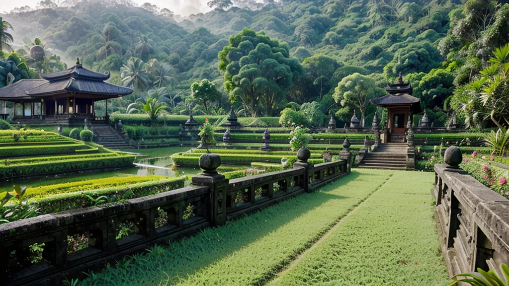 a Bedugul-Bali botanical garden, various plants, green grasslands, foggy weather with the sun shining brightly in the afternoon,at Ulun Danu Beratan, Bedugul