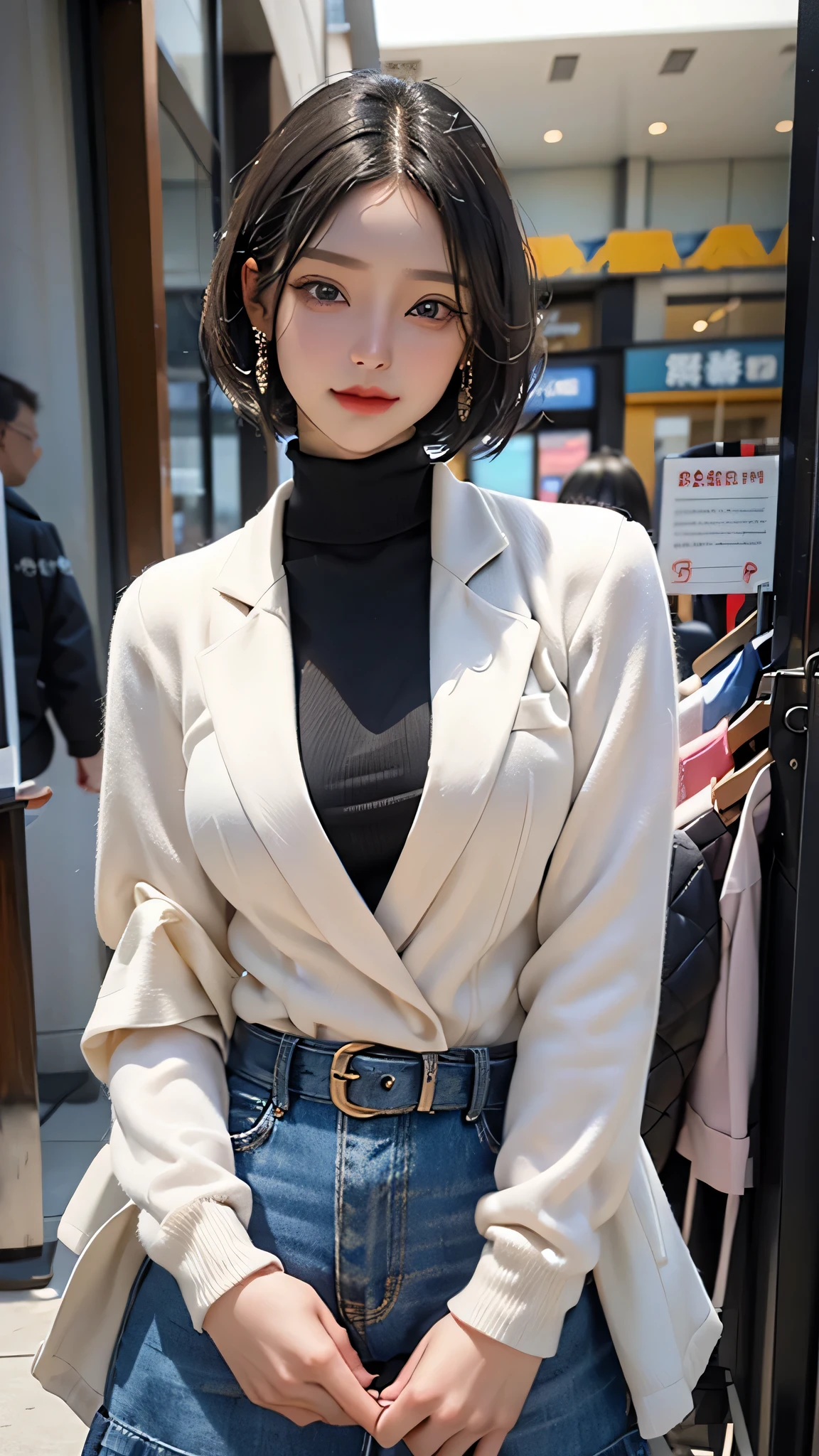 Beautiful girl standing in front of a store in a shopping mall,
(surreal,High resolution, very detailed:1.2), (8K), (beautiful and fine eyes, detailed face:1.2), (highest quality), (super detailed), (( table top)),highest quality,very detailed,
Beautiful woman standing wearing a dark red plaid single-breasted blazer ,break, white turtleneck sweater,break,
Blue Belted High Waist Flare Jumper Skirt,break,
Black Medium Bob, detailed and beautiful eyes, cute face, bust, big boss, Detailed and beautiful facial features, enchanting smile,
25 years old, mature look, Realistic drawing art , 
1 female, (full body esbian:1.2),(頭からbustへの画像スコープ),