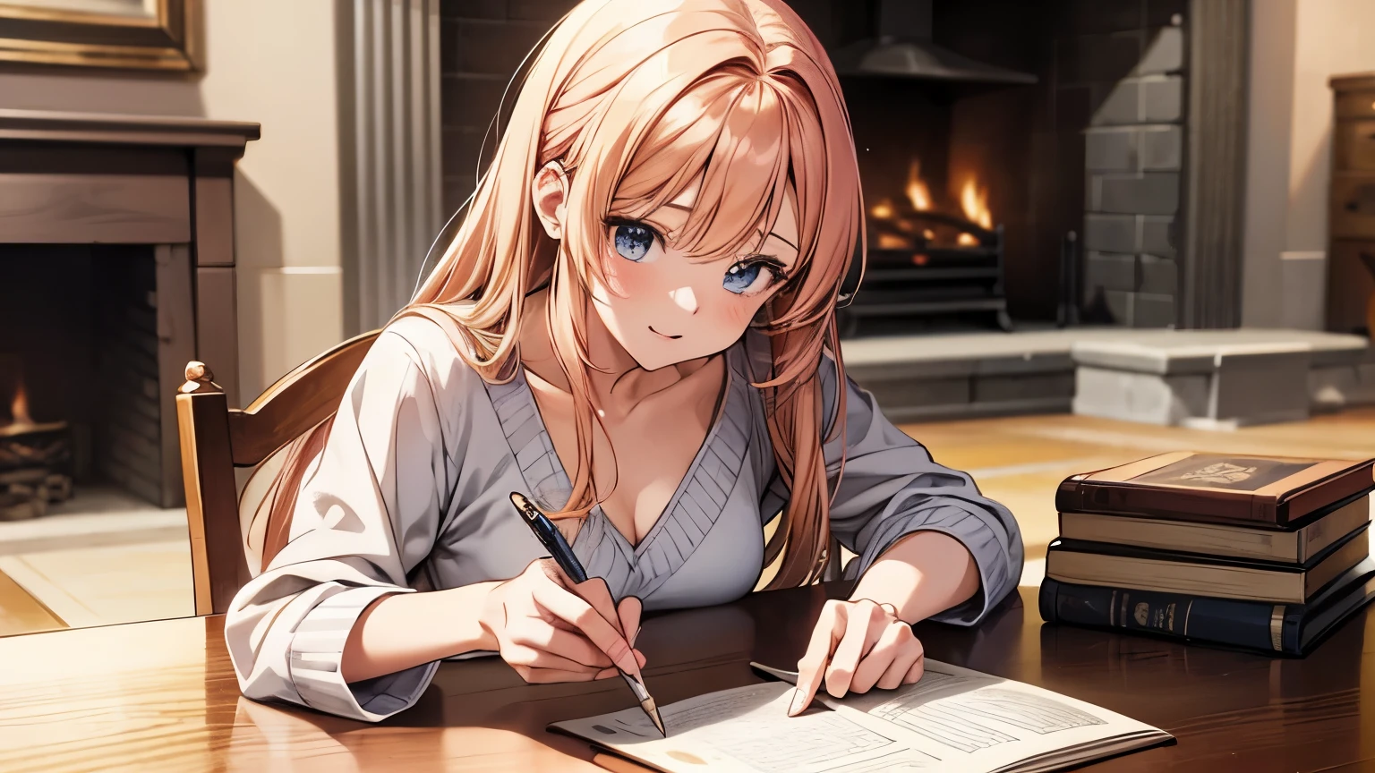 Home study with fireplace、A lot of books on the table, Writing with a pen, 1 girl, seductive anime girl, beautiful anime girl, beautiful attractive anime woman, beautiful charming anime teen, realistic anime girl render, attractive anime girl, cute anime girl, Smooth anime CG art, cute anime girl, beautiful anime woman, realistic anime, realistic young anime girl, detailed digital anime art