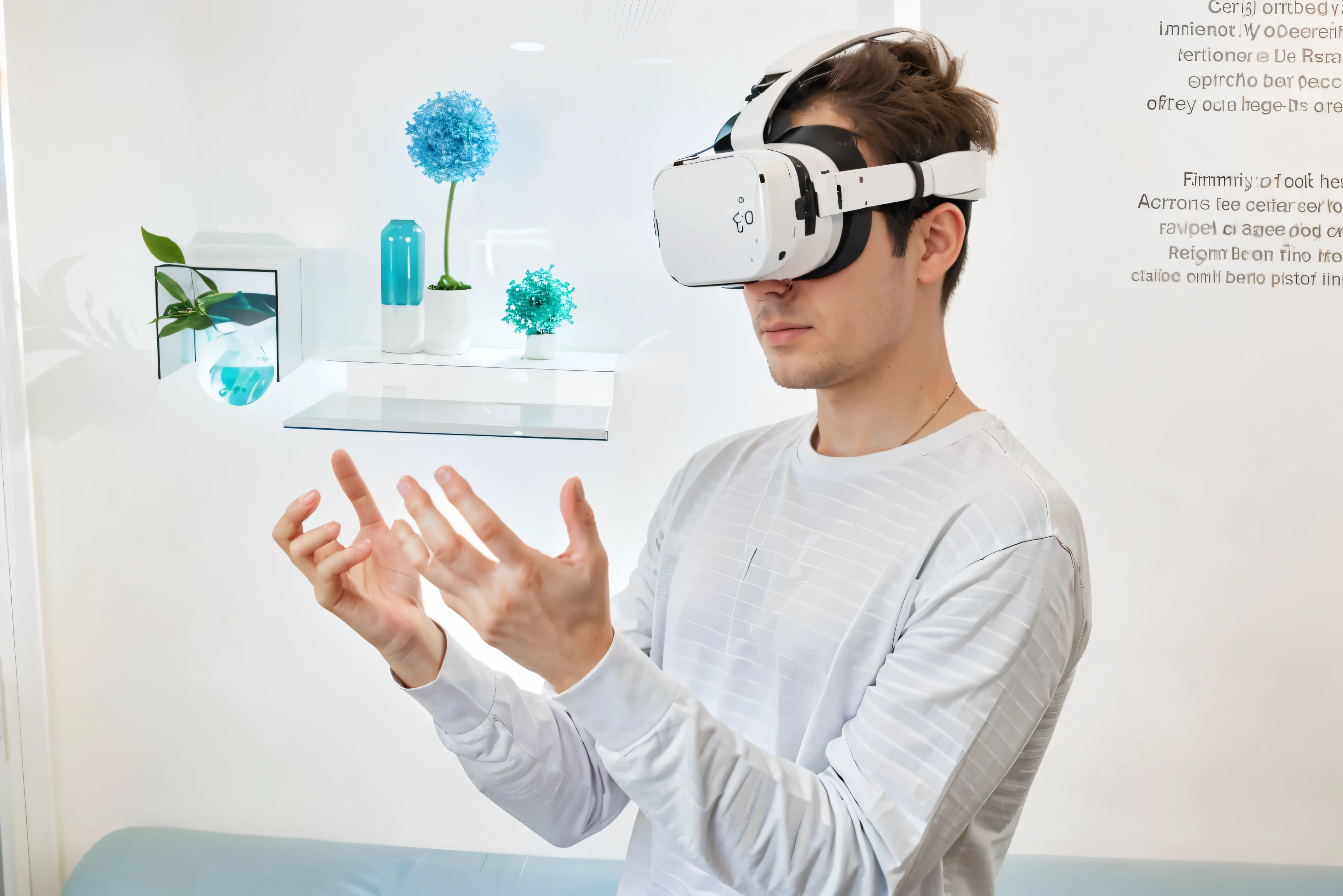 hay un hombre que lleva unos auriculares de realidad virtual y sostiene un control remoto, usando unos auriculares VR, realidad virtual, usando unos auriculares VR, Oculus Quest 2, Uso de un auricular VR, Auriculares VR flotantes, Uso de VR goggles, Casco VR en hombre, Auriculares VR futuristas, Uso de VR, 3 d nft, Auriculares VR, sala virtual metaverso, realidad virtual headset