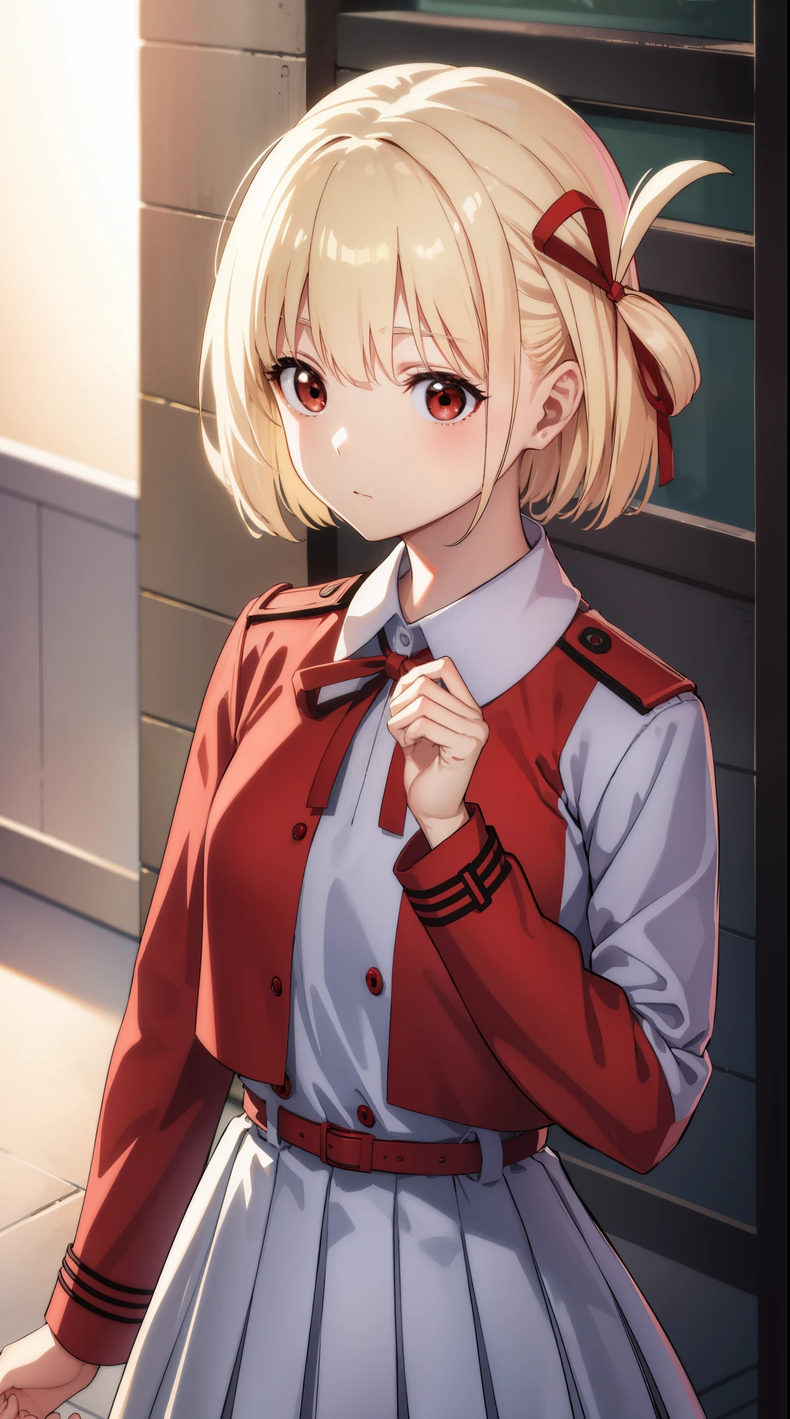 chisatonishikigi, nishikigi chisato, short hair, bangs, blonde hair, (red eyes:1.5), hair ribbon, one side up, bob cut, Cinematic Lighting,
BREAK shirt, long sleeves, dress, ribbon, white shirt, collared shirt, belt, neck ribbon, red dress, blue ribbon, pleated dress, grey dress, two-tone dress, red belt, lycoris uniform,,
BREAK outdoors, city,
BREAK looking at viewer, BREAK (masterpiece:1.2), best quality, high resolution, unity 8k wallpaper, (illustration:0.8), (beautiful detailed eyes:1.6), extremely detailed face, perfect lighting, extremely detailed CG, (perfect hands, perfect anatomy),
