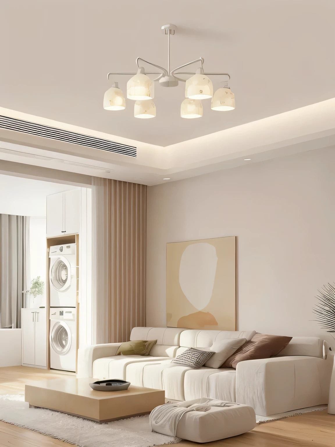 a view of a living room with a couch, a coffee table, and a washing machine, Elegant light-h 0, Soft indoor light, Soft indoor lighting, Soft and ethereal lighting, indoor lighting, Soft lighting color scheme, vanilla flavor, natural light in room, Modern studio light pastel colors, warm ambient light, room lighting