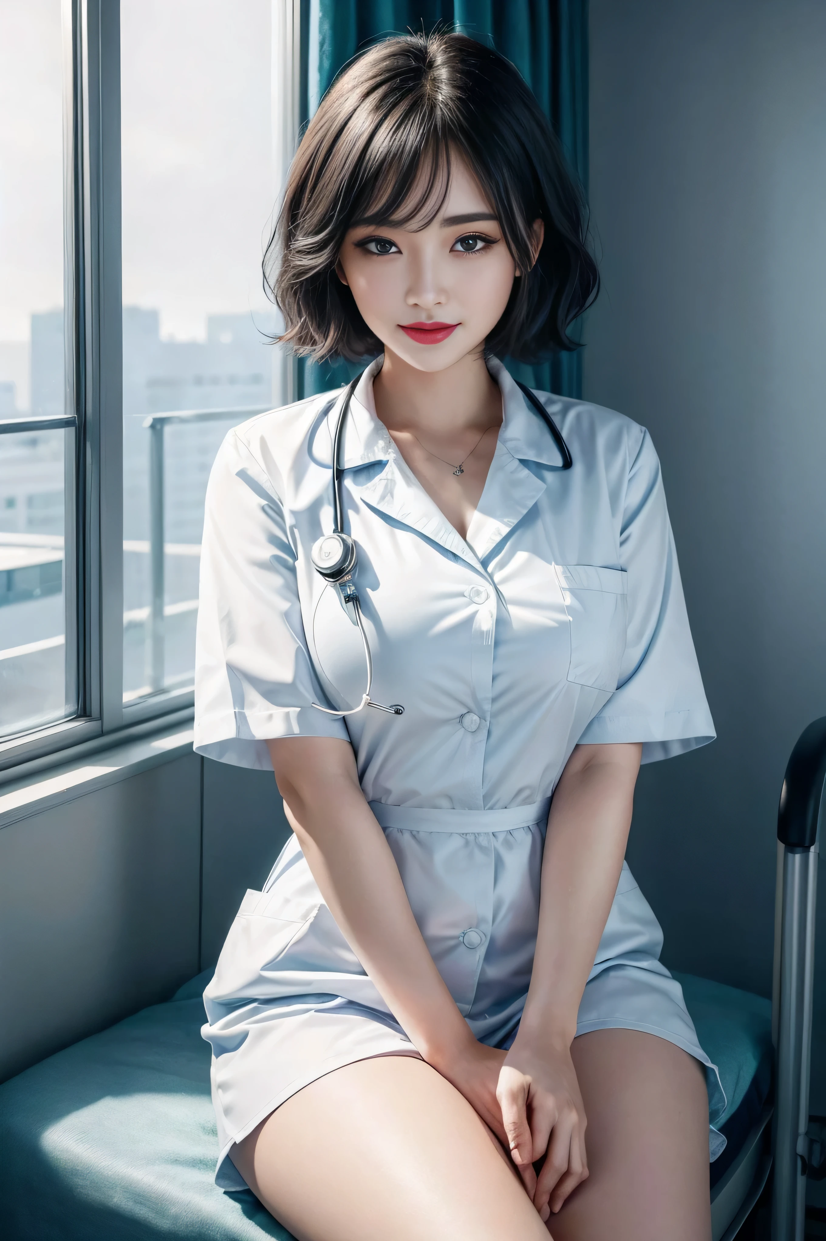 (1 终极美女Nurse)、{{{masterpiece}}}, {ohoh, oh, real:1.2}, best quality, official art, Highly detailed CG unified 8k wallpaper, Very rich facial details、delicate lips、exquisite eyes、double eyelids、((black bob hair))、(Nurse:1.3)、(charming figure)、(huge)、((Open your mouth and laugh: 1.8, cute smiling: 1.8)), alone, Short hair details, vibrant smile, blue eyes,have eyes_Tokar, {Beautiful details gradient eyes}, red lips,thigh, thigh, thigh, perfect fit, 完美的图像realism, background with: (Hospital Rooms:1.2), cow boy shooting, Detailed background, detailed clothing, perfect lighting、超realism、(realism:1.4)、8K maximum resolution, (masterpiece), The content is very detailed, professional,