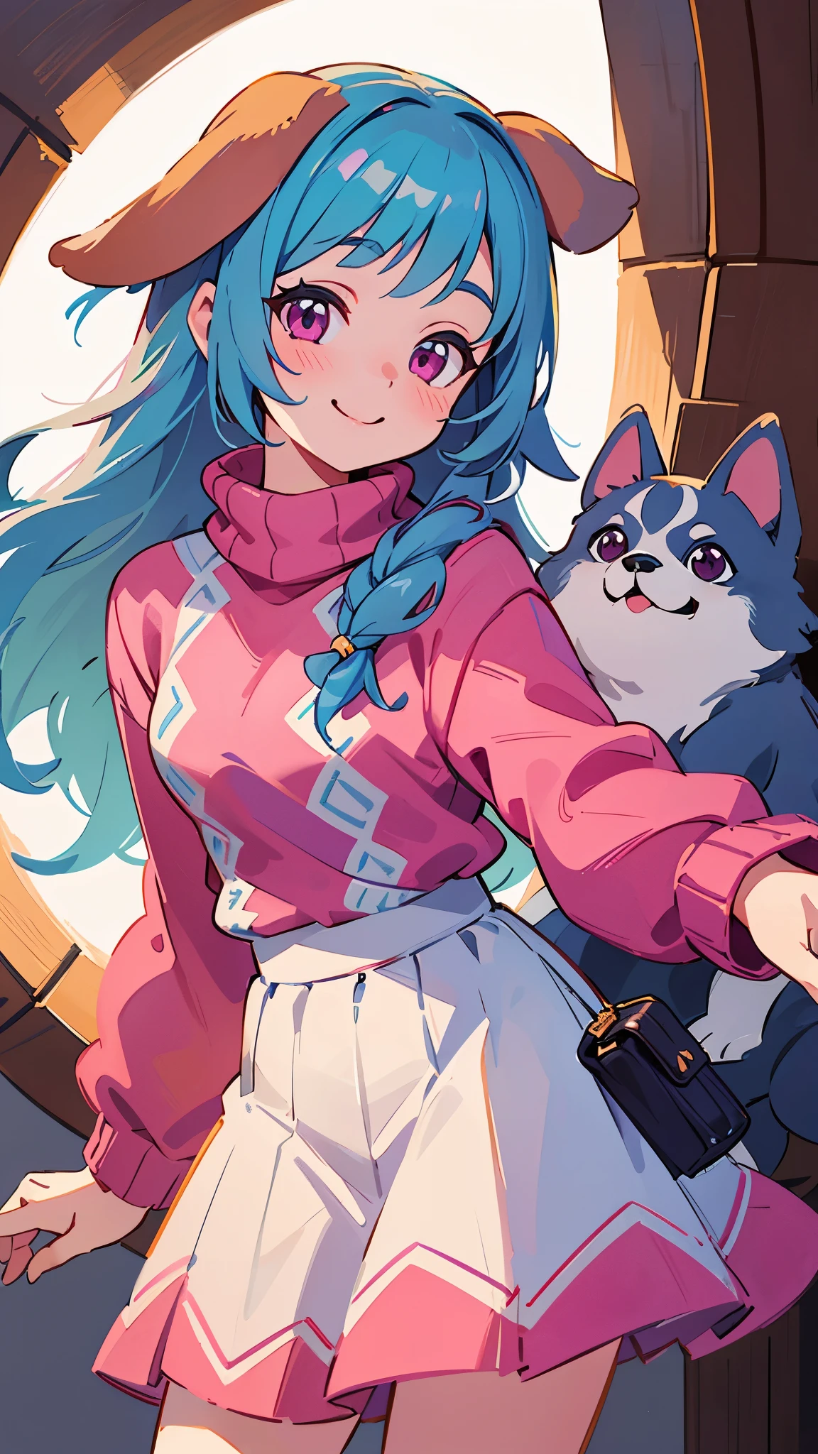 16 year old girl、light blue hair、dog ears、pink eyes、smile、skirt、Colorful knitwear、smile、(highest quality、Super detailed)、digital painting、Bright colors、soft lighting