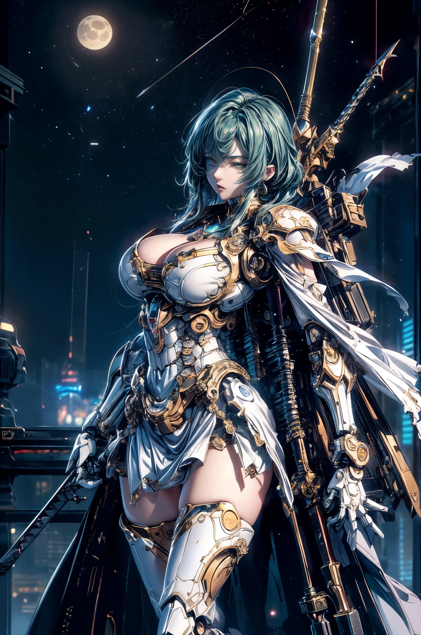 cinematic lighting,super dense skin、beautiful and fine eyes、highest quality,cyberpunk,(replace、dim color, pleasant tone:1.3)NSFW(1 beautiful woman、Detailed beautiful facial features、The girl who fused with Gundam:1.5)darkgreen hair(good shape big breasts、cleavage、white torn clothes:1.3).(Arms and legs are mechanical、Large weapons on the back:1.5)（Seduce、model pose）Predawn sky、Beyond the future city、(Mechanical Moon:1.2)