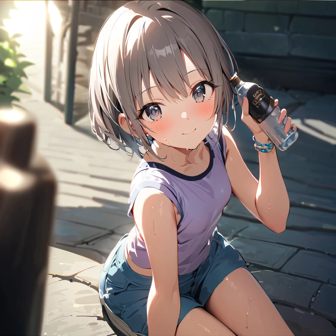 1girl otokura_yuuki idolmaster_Cinderella_girls arm_support bare_Youth_shorts blurry blurry_Background Blush Bottle Bracelet Gray_hair grey_eyes droopy hair_ornament holding holding_looking for bottle jewelry_in_beholder_to_of_side open_mouth outdoor person々 pink_Shirt Shirt Short_Hair short_sleeve shorts small_breasts sitting smile solo swein, masterpiece, highest quality, 8K,illustrinion,(detailed lighting),UHD, Anime Skins
