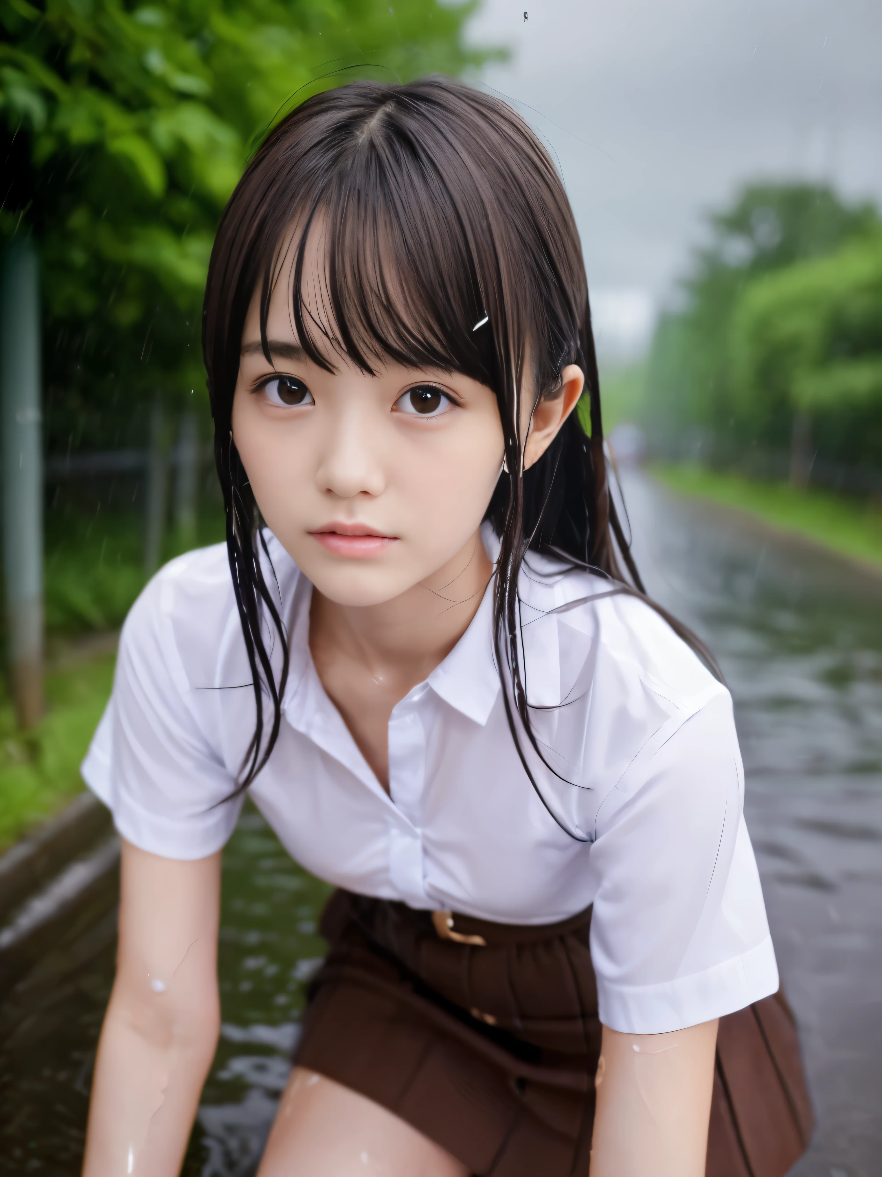 (Close-up portrait of a slender small-chested dark brown long hair of a girl with swept bangs in a shirt and skirt :1.5)、(A girl has wet hair and a wet face on a country road in Japan:1.5)、(Heavy rainy days:1.5)、(blurred background:1.5)、(perfect anatomy:1.5)、photorealistic stick、Raw photo、table top、highest quality、High resolution、delicate and beautiful、perfect face、delicate and beautiful目元の空気肌、real human skin、((thin legs))