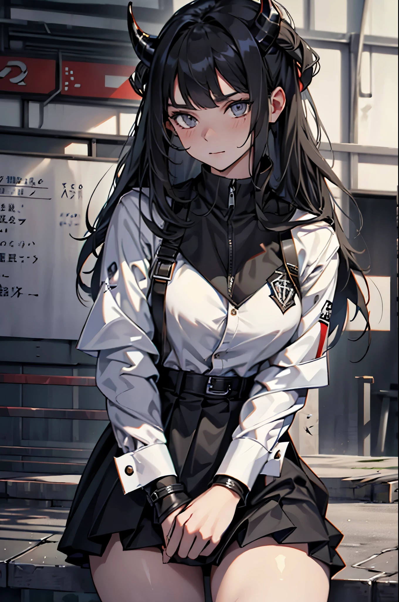 Ultra-detailed,high resolution,Ultra-detailed,Best quality,amazing,quality,Extremely detailed CG unified 8k wallpaper,Draw a woman,,black hair,There are Devil's Horns,Ghost Clan,穿着Girls' high school students校服,Girls' high school students