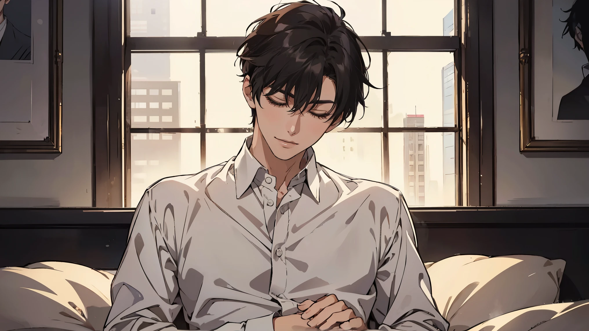 beautiful face, short dark hair, Handsome Men,white long sleeve dress shirt, animated movie, 1 boy sleeping, slightly smile, Shinkai Makoto, eyes completely closed, In a room in the city, 1 man