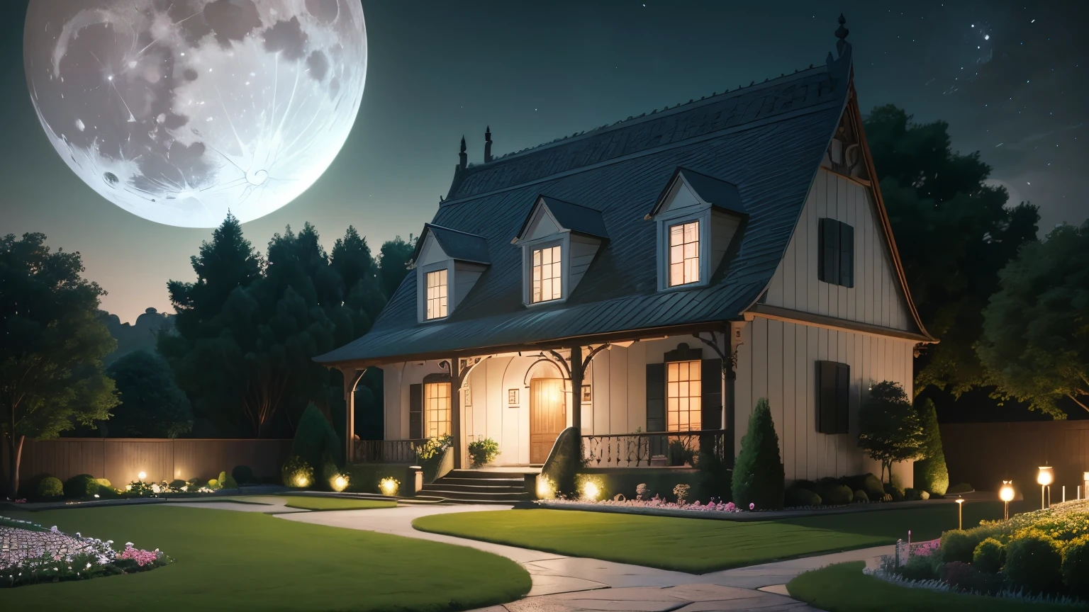 (full moon,garden,white,green,For that,grey,green,orange,rosa) beautiful detailed moon, Campo Florido, Bright colors, whiteを含む, green, For that, grey, green, orange, and pink (highest quality, 4K, treble range, master part:1.2), Highly detailed leaves, realistic lighting, Fascinating contrast between the moon and the surrounding environment.
