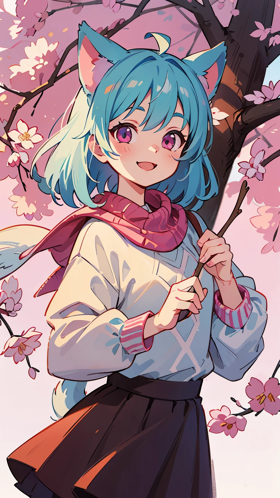 girl、light blue hair、dog ears、pink eyes、smile、skirt、Colorful knitwear、smile、(highest quality、Super detailed)、digital painting、soft lighting、under the cherry tree
