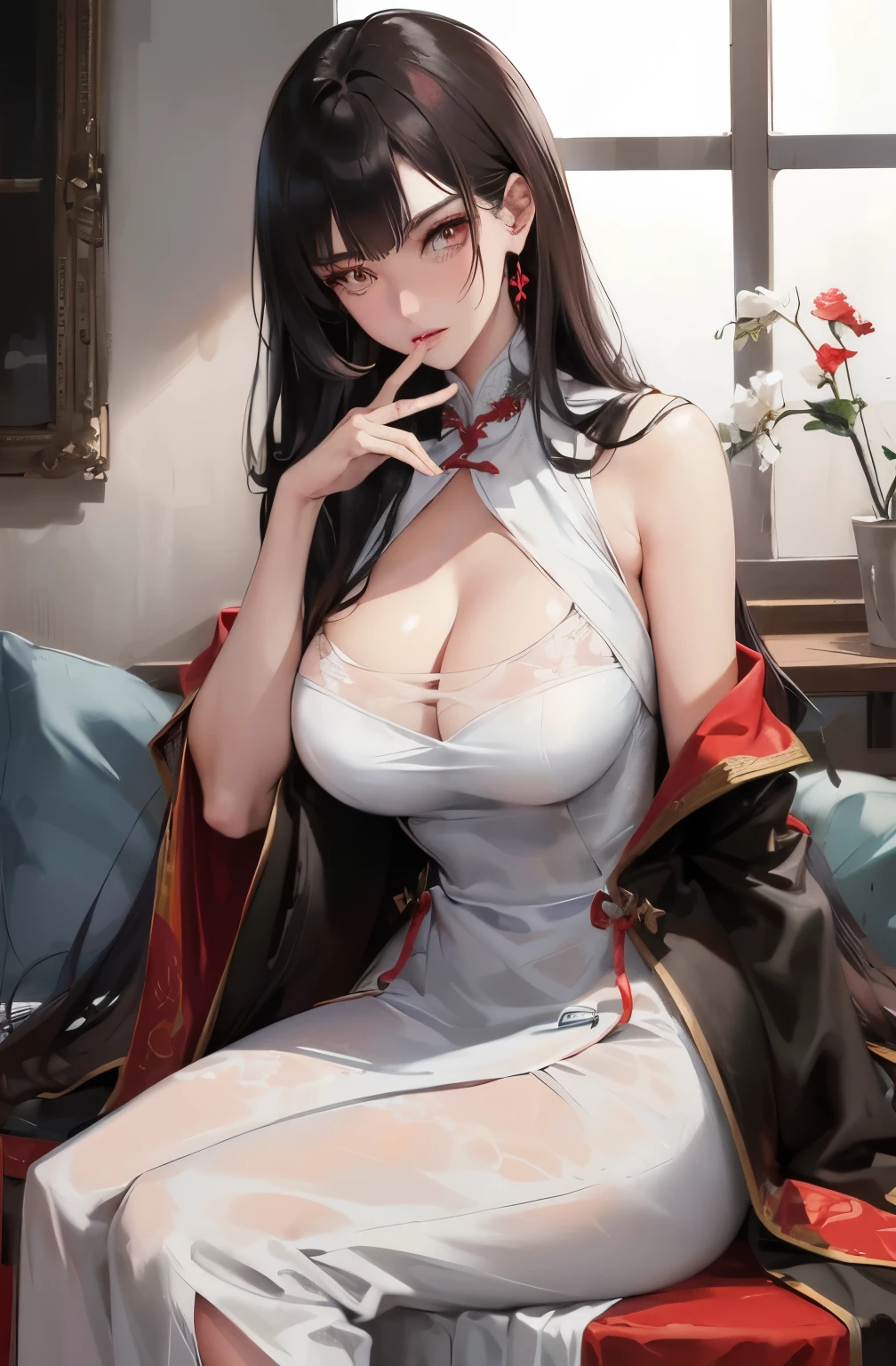 (Highest high resolution, distinct_image) Best quality at best, A woman who is, solo，tmasterpiece, highly  detailed, Semi-realistic, Black inch, black color hair, By bangs, 18yr old, mature, 年轻, Tall and strong, Blackn clothes, black uniforms, trouser，Wedding dress,Military academy,indoor background,Cold,serious,large tall,Handsome,tyrannical,Powered,Delicate facial features,Delicate facial features,Horror theme,Ultra detail,, Perfect face shape, Oversize models, Mature woman, Wearing a red Chinese wedding dress, Tall and long legs, (((Large breasts))), (((Glazed pupils))), Magical feeling，Long messy hair，full bodyesbian，Hand details，Finger details，Beautiful anime Huaifu style girl，Super detailed drawing，Luminism，Art concept art by Kahngriffith and Vadim Kashin，