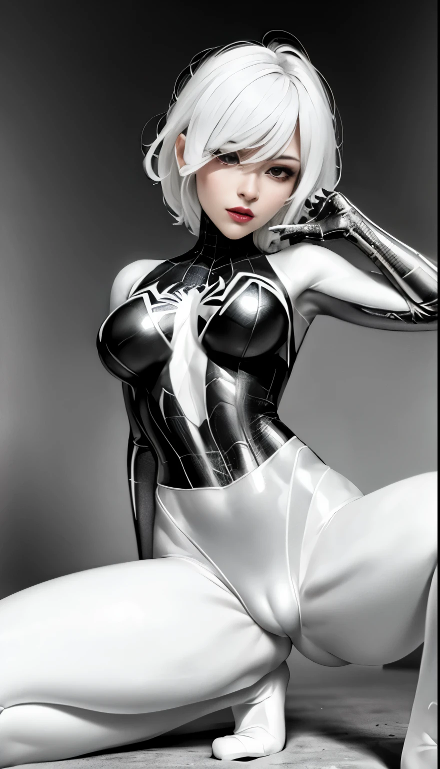 4K，realistically，charming，very detailed，There is a girl in Dingcheng，white hair，Wearing black Spider-Man costume，（black and white：1.4） night,symbiont，poison，lots of mucus,She is a hero，Black superhero theme，in front of the sky，complexion，( spread legs， camel toe，， vulva shape：1.3）,(GGcamel toe:1.3)，25 years old，Full body female love