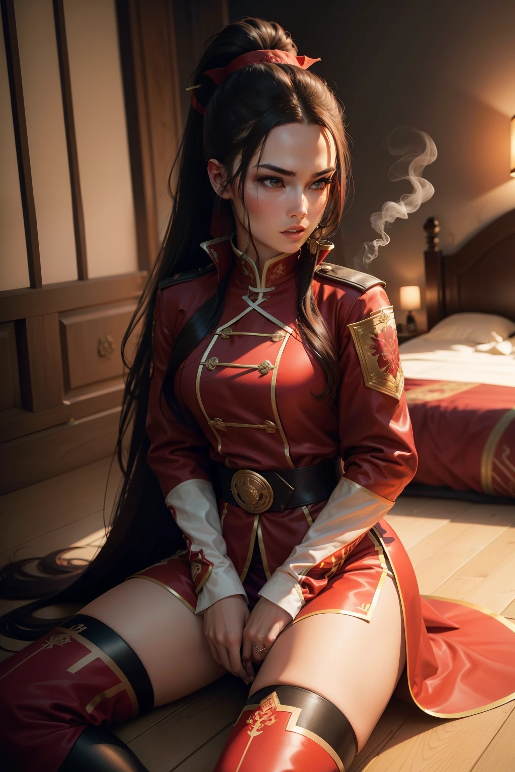 Brunette Long Hair Female Red Coat Battle Uniform Long Sword General Bold Sassy Broken Great Wall High Ponytail Smoking Chinese Battlefield Dead Man Pile Vista Scar Tattoo, Azula (Avatar), hot look, bedroom bedroom, sexy look