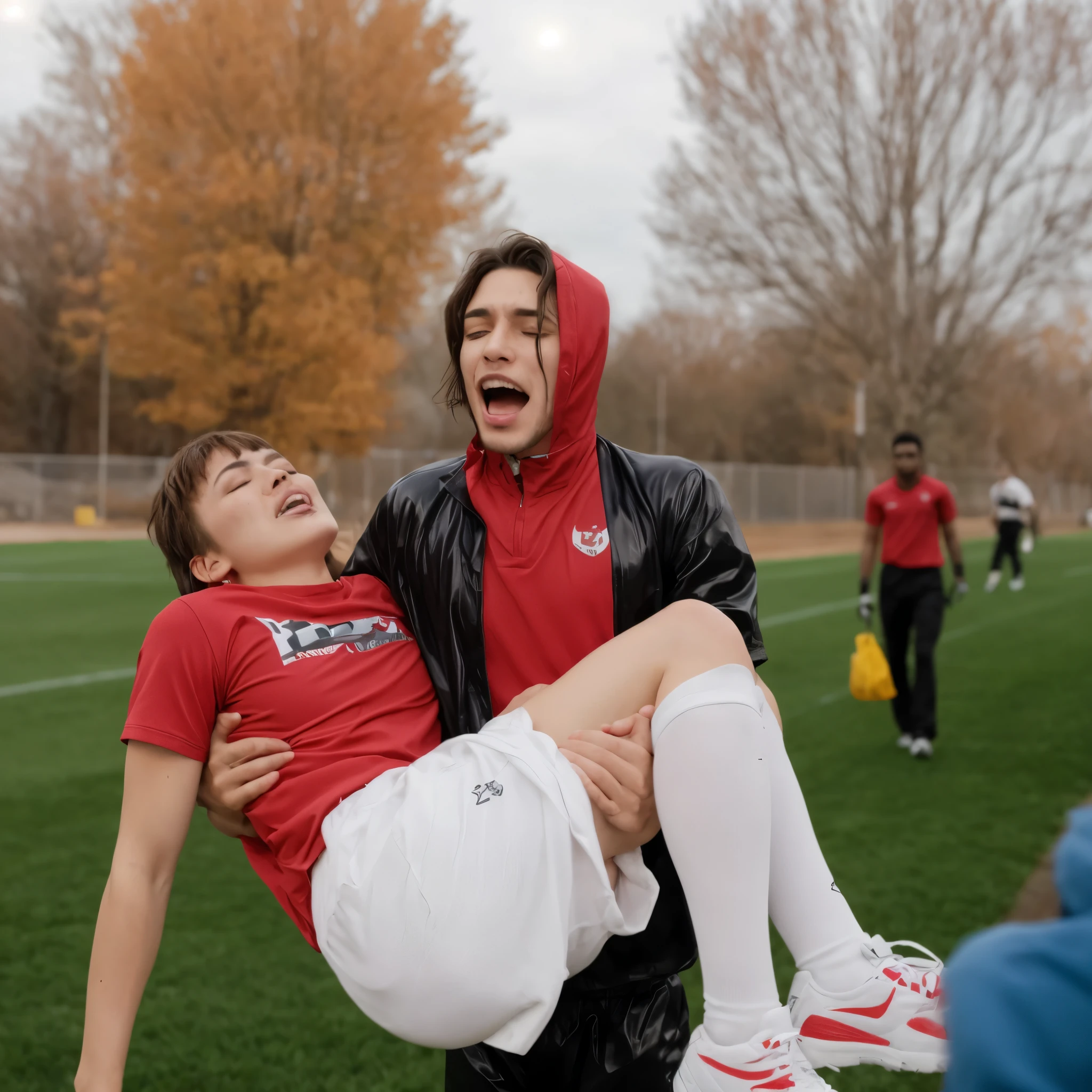 photo, photorealistic, photography, soccer action pose, cradle-carry-pose, first-aid in a sports stadium, affection pose, lecherous action pose, dramatic action pose, theatralic pose, there is a attractive woman that is carrying a wounded athlete, there is a beautiful woman in a shiny black outfit who is carrying a shorthaired young man in her arms, a longhaired beautiful woman in a high-shine black catsuit, a longhaired woman in a shiny black dress, a woman is carrying a shorthaired man who is wearing a matte cotton sports outfitt, a weak man in matte cotton sports shorts is consciousless and needs to be carried, a shorthaired man with closed eyes is carried by a longhaired woman, a woman looks very scared and terrified, a consciousless man with closed eyes is suffering very much and has a very painful face, photo, photo shoot, photographed , accident, help, aid, first aid, pity, an elderly veiled woman screaming loud in desperation and anger, veiled arab woman's face