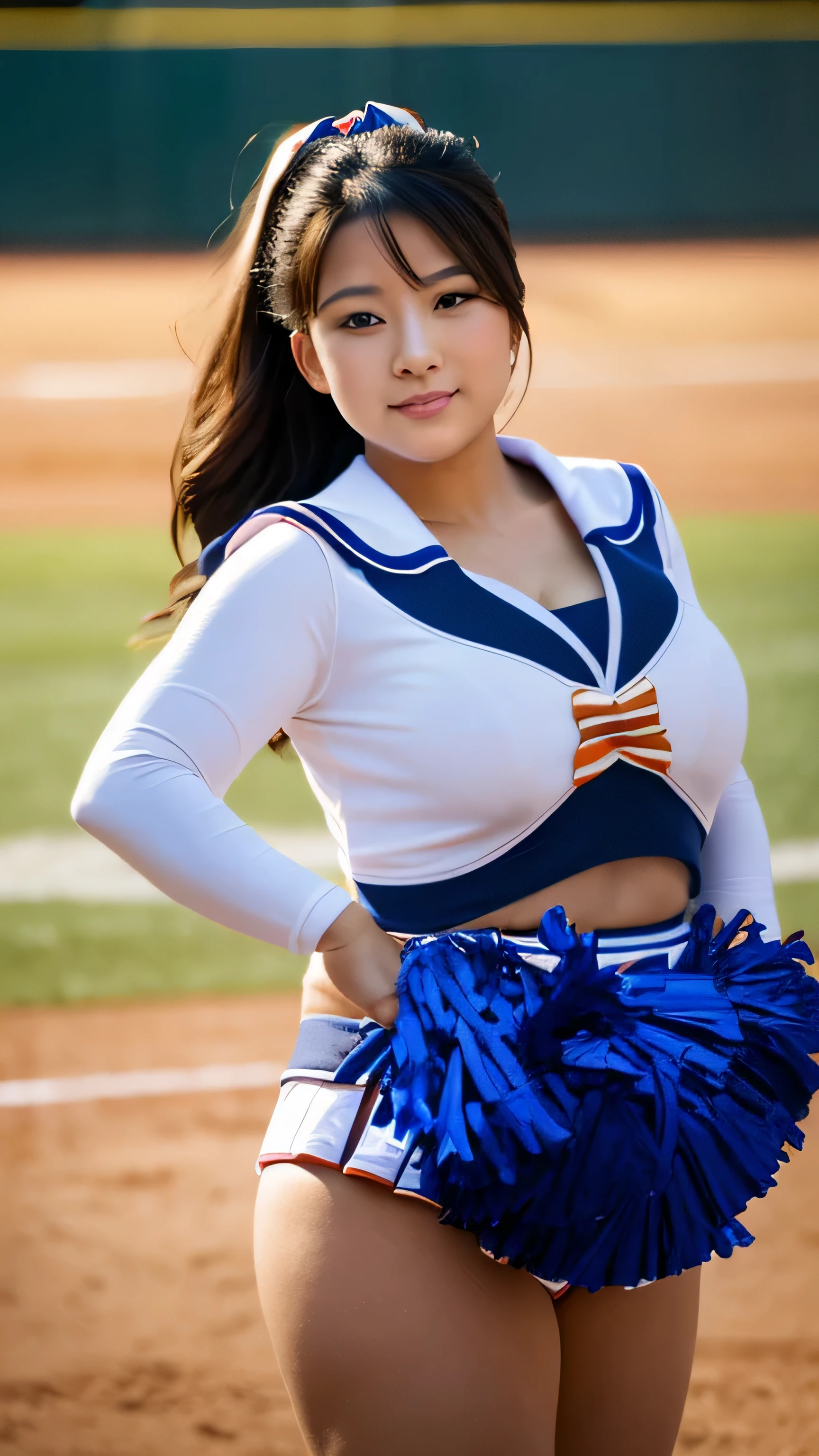 woman posing for a photo,(Cheerleader_uniform:1.3), good hand,4K, High resolution, masterpiece, highest quality, head:1.3,((hasselblad photography)), fine skin, sharp focus, (cinematic lighting),1 female breast, Overweight, extremely fat, Chubby, Japanese, clavicle, night, soft lighting, dynamic angle, [:(detailed face:1.2):0.2],(((Inside the baseball field))), outside
