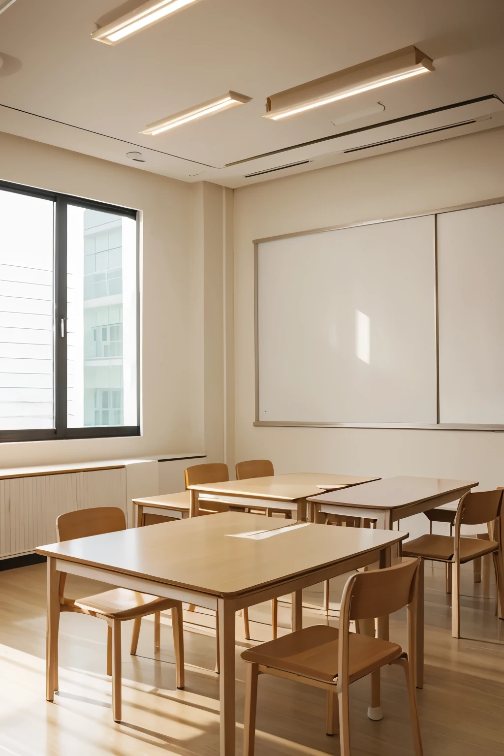 classroom,Elegant light-h 0, Soft indoor light, Soft indoor lighting, Soft and ethereal lighting, indoor lighting, Soft lighting color scheme, vanilla flavor, natural light in room, 现代classroom浅色柔和, warm ambient light, room lighting