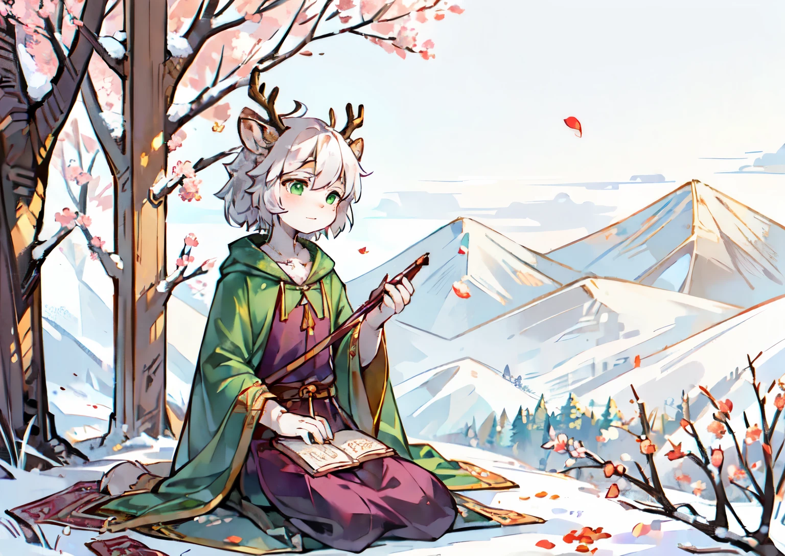 ink style,a white deer,antlers,plum tree,Plum petals,plum blossom branch,sit on the floor,双手托着一份parchment,green-shirt,long cloak,Flowing cloak,holding a brush,parchment,Cute Shota,Flute in hand,musical instrument next to him,green eyes,Moderate,Orange trees,The trees are full of oranges,There is a book next to you,mountains,white hair