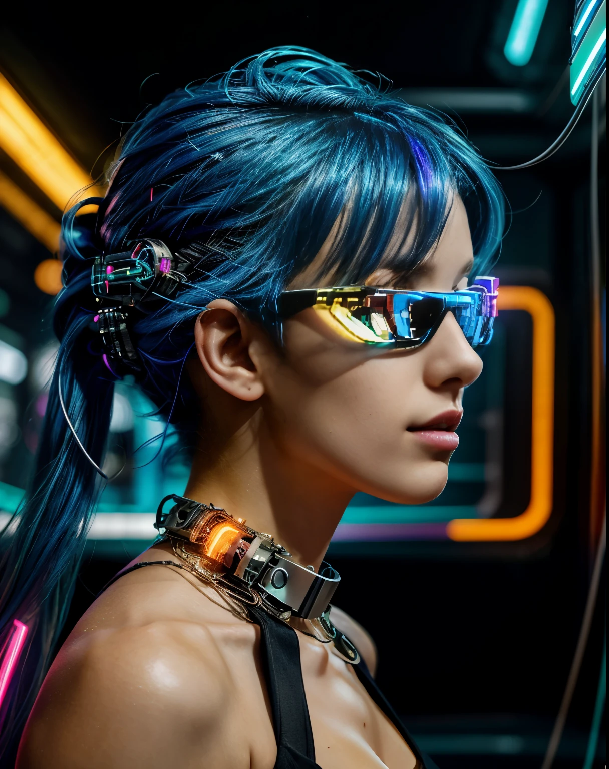 breathtaking photo of a cybernetically enhanced hacker, looking from side, her vibrant blue hair cascading over her shoulders, immersed in the glow of her holographic interface, each pixel of her augmented reality glasses reflecting the pulsating energy of the digital realm, expertly blending realism with fantastical cyberpunk elements, setting a new standard for photorealistic illustration.