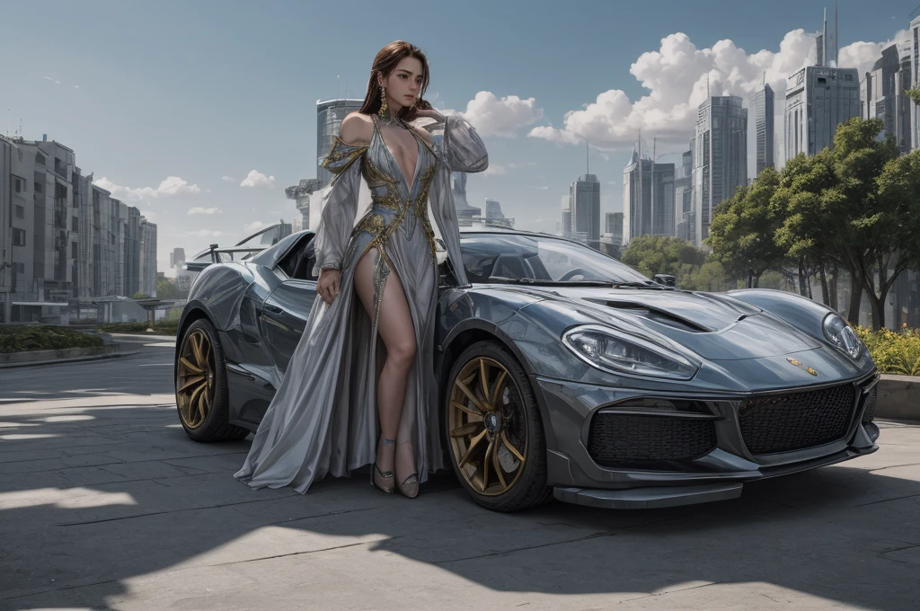 Incredible fantasy city, mega skyscrapers, flying cars, space elevator towers, Super Detail, trees, flowers, Many different buildings, spaceships in the sky, Ultra detail, many elements, blue and gold, yellow numbers on the towers, Character incredibly beautiful girl, posing in front of a ретро car, full length, stands on the balcony, leash around the neck, , submission, disturbance, aggressive car shape, expensive convertible., Incredibly beautiful face, very detailed face, Detailed eyes, detailed hair, Expensive earrings, nipple piercing, diamonds, Emeralds, Rubies, turquoise, correct anatomy, Thin body, Super Detail тела, many small details of the dress, Incredible fantasy city, mega skyscrapers, flying cars, space elevator towers, Super Detail, trees, flowers, Many different buildings, spaceships in the sky, Ultra detail, many elements, blue and gold, yellow numbers on buildings, straight and smooth lines, Street, evening, A lot of cars, sharp lines, contrast, City River, water fall, trees по берегу, fault in the earth's square, deep crevice, You can't see the ground, Very high, helicopter landing pads, interceptor hangars, золотой автомобить, неоновая подсветка днища, цветы, много цветов яркого красного цвета, ретро автомобиль, винтажный автомобиль 1939 года, одета в белой майке, мокрая майка , дождь, мокрый асфальт, на голове яркая индейская корона с перьями и цветами, наводнение, брызги от капель,