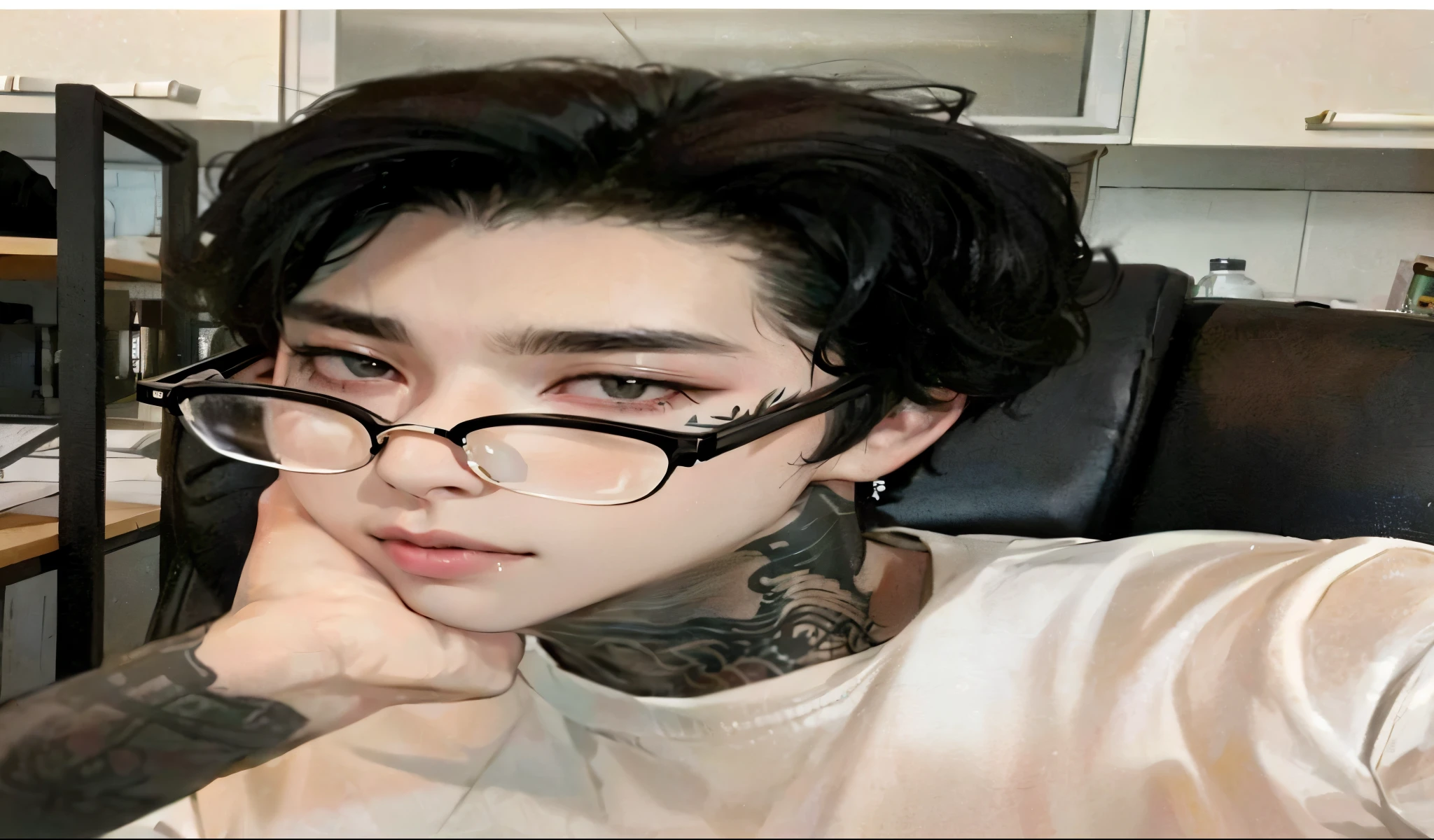 a close up of a person con gafas and a tattoo on their arm, pintar ulzzang, hombre surcoreano, handsome japanese demon boy, cai xukun, con gafas, Jung Jaehyun, hong junio hyung, con lentes negros, Jinyoung Shin, yanjun chengt, kanliu666, hyung tae, usar gafas redondas grandes y delgadas, bts kim taehyung, Taehyung, bts, kpop boy, male u face korean