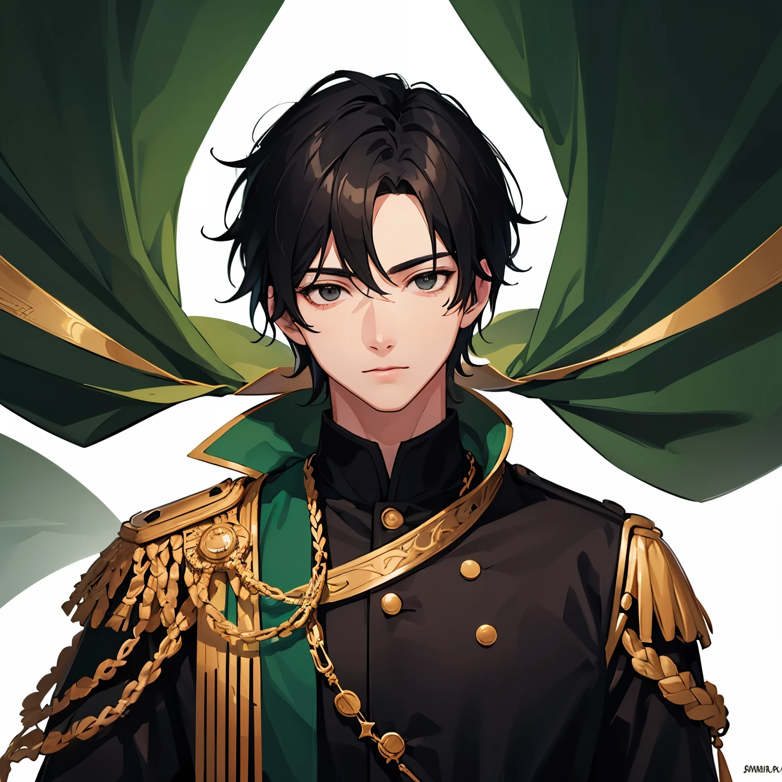 man, young man, man black hair, black eyes, male green idol uniform, photo shoot, portrait, white background, realistic light and shadow, extremely detailed