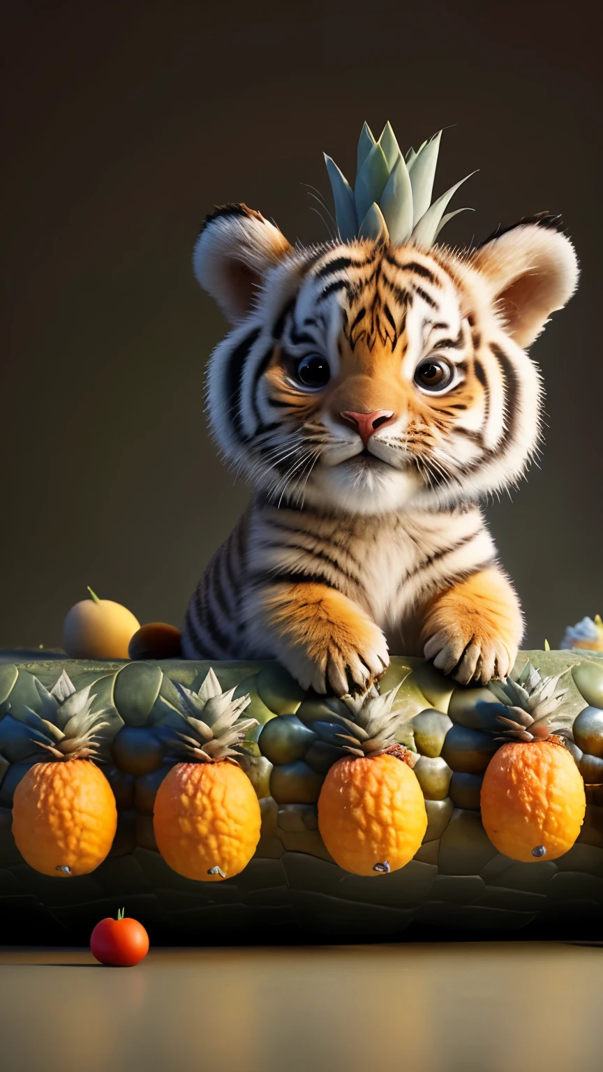 (masterpiece, award-winning, highest quality, High resolution) 3D Illustration, A baby tiger integrated with a cute pineapple, lying on a bed of juicy and ripe fruits,, Surrounded by colorful fruit gardens.