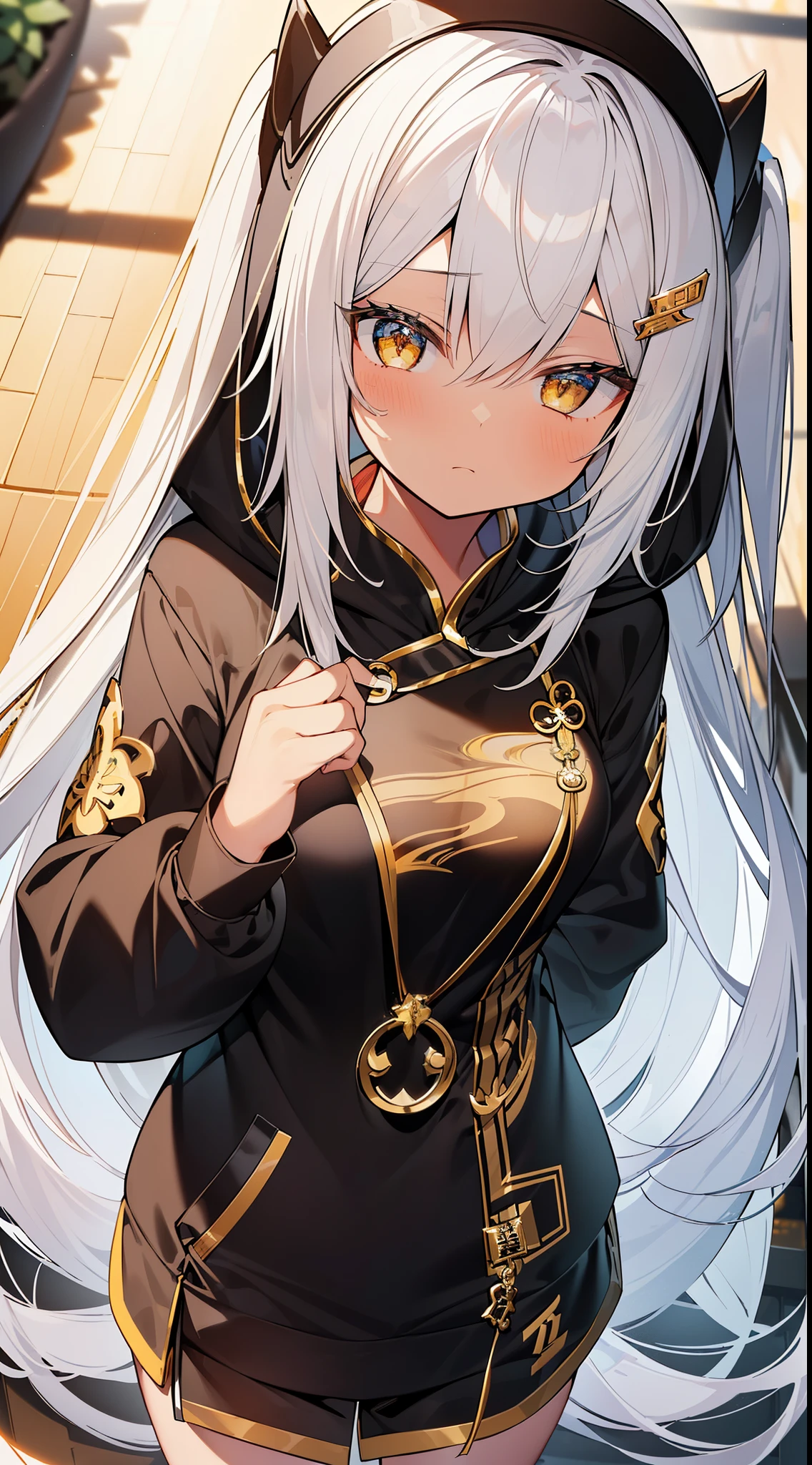 Top Quality, Masterpiece, High Resolution, 8k, Hoodie and Anime Style Girl, One Girl, Detailed Line Art, Bright White and Bright Amber Style, Digital Enhancement, Close Up, Anime Core, Flowing Fabric、((((白髪))))、(((金色の瞳)))、(((((黒パーカー)))))