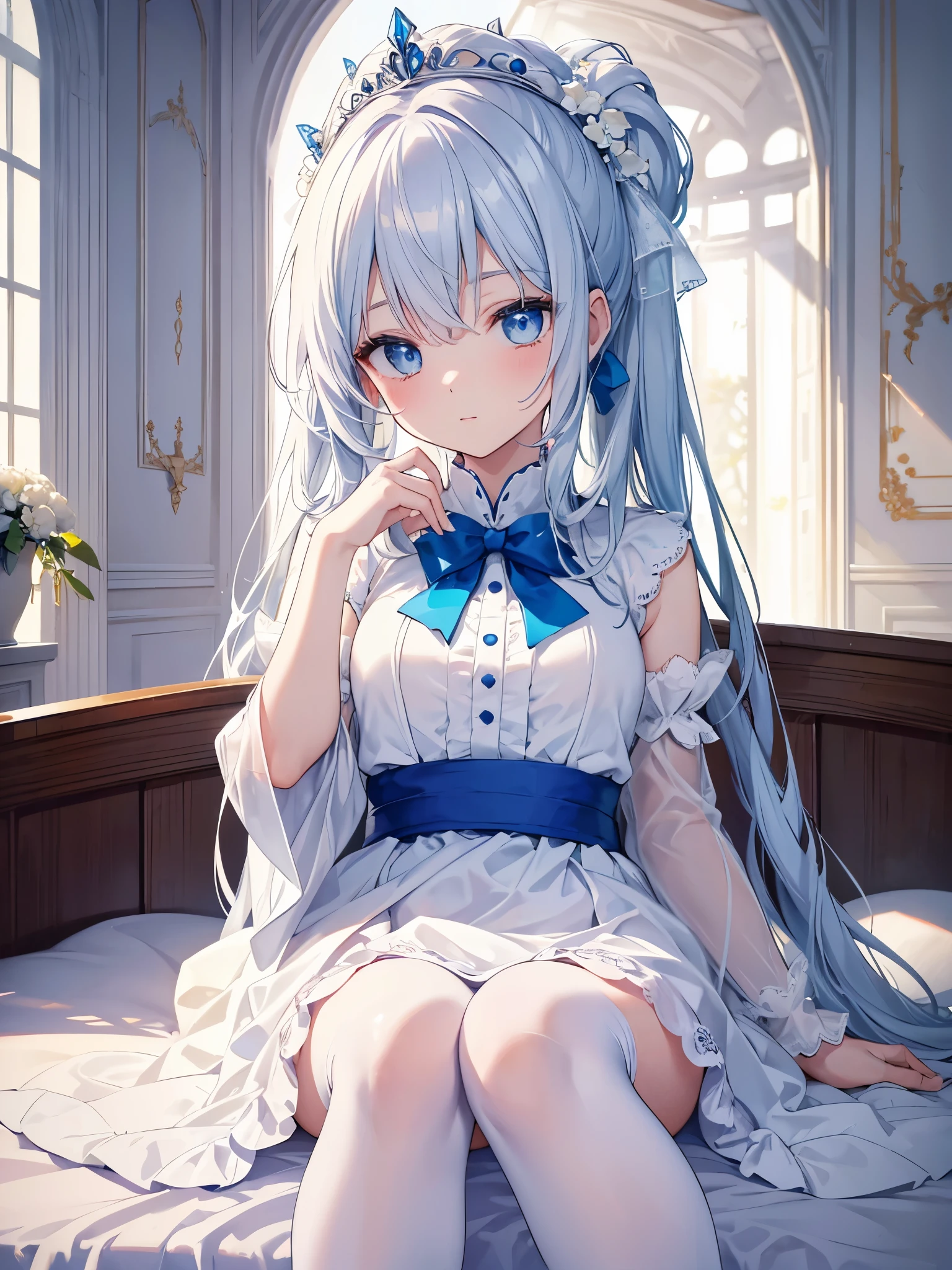 On a very large white bed, white pillow, White light, There is one girl, sit on the bed, Wearing a white princess dress, white stockings, A blue bow is tied around the waist, I have a blue band on my wrist, blue colored eyes, long white hair, delicate features, beautiful and moving, (Vivid depiction), single blade, color difference, reflected light, hyper hd, masterpiece, Super detailed, advanced details, highest quality
