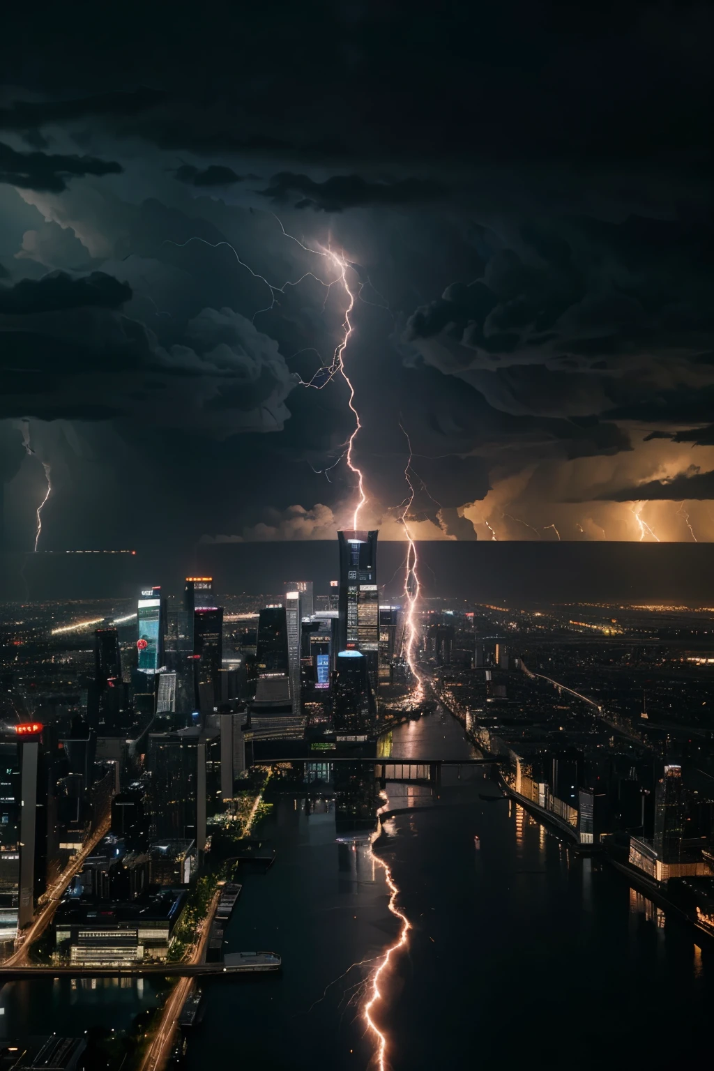 (lightnings striking in the city),rain pouring down,thunder rumbling,cityscape,modern skyscrapers,shimmering lights,reflective surfaces,streets filled with people,tall buildings towering over the scene,twinkling windows,stormy weather,electric atmosphere,intense flashes of light,twisting bolts of electricity,crackling energy,ominous dark clouds,vibrant neon signs,g