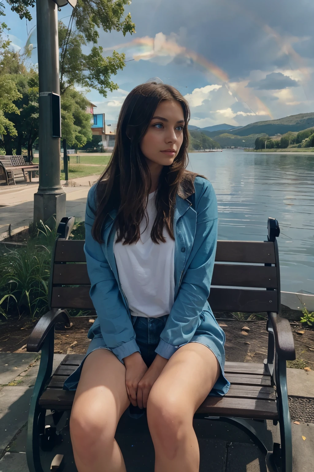 light brunette woman with blue eyes sitting on a bench in a square watching a rainbow near a lake