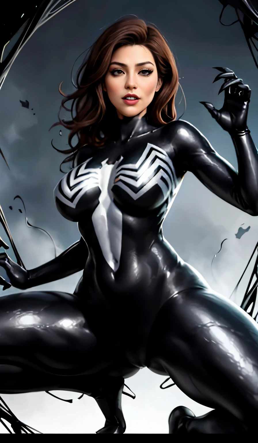 4K，realisticlying，Glamorous，The  very detailed，There  a girl in Dingcheng，Wearing a black Spider-Man costume，（Black and white：1.4） the night,symbiote，venomize，a large amount of mucus,she  a spiderman，Black superhero theme，In front of the sky，Flushed complexion，( Open legs， camel-toe，， Vulvar shape：1.3）,(GGCameltoe:1.3)Legs apart，25 age old，full bodyesbian