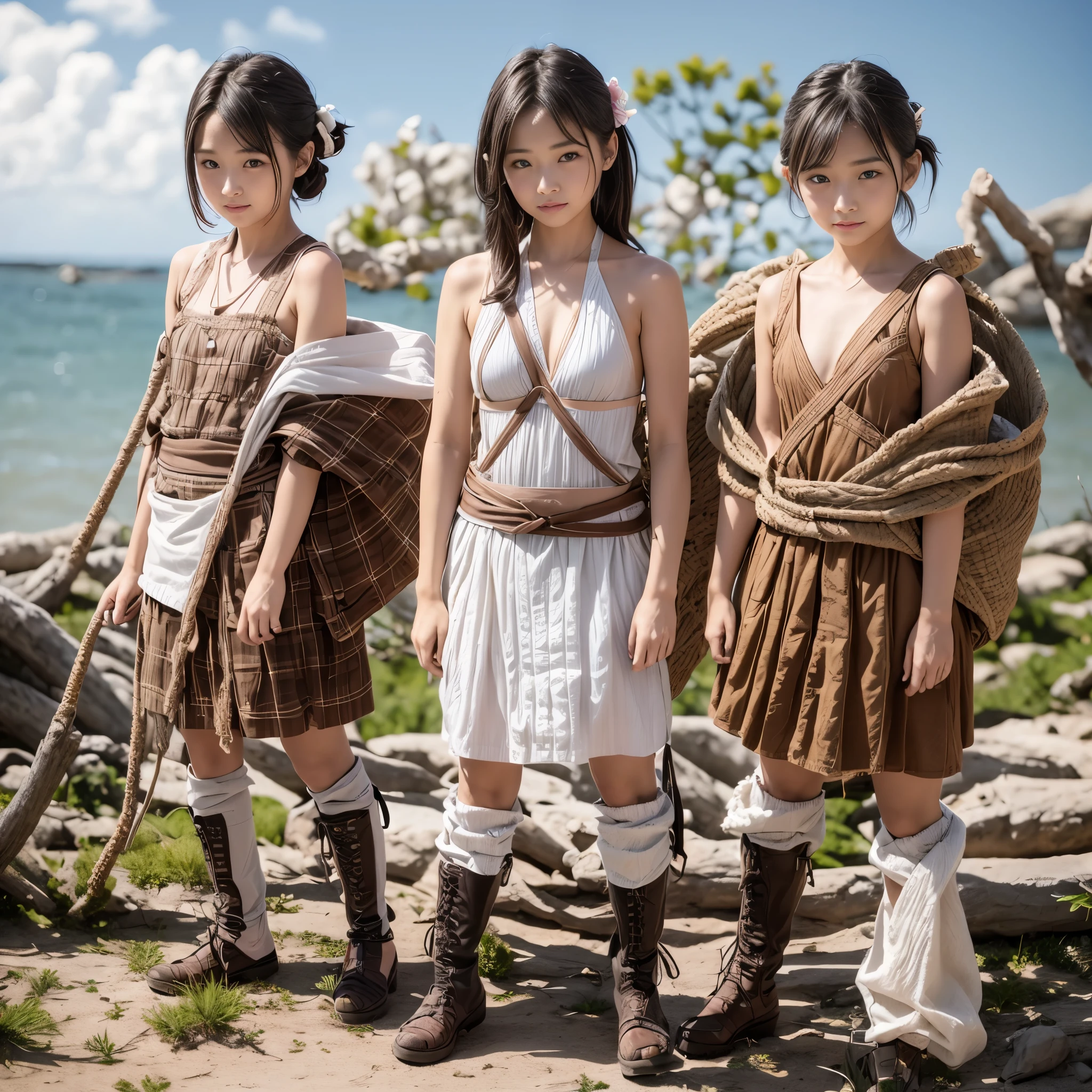 (RAW photo:1.2), (realistic), beautiful detailed girl, very detailed eyes and face, beautiful and detailed eyes, huge file size, High resolution, very detailed, highest quality, [table top:1.6], shape, very detailed, small details, highest quality, 8k wallpaper, movie lighting,Three -yeld juschool girls, Su life on a deserted island, Are standing, white underwear, There is no top, I can see the white bra, I can see white pants, Sounds like fun, slender body, young face, immature body, panties only,An island with no one, exposed nipples,deserted island coast, Flowwood, shell, seabird