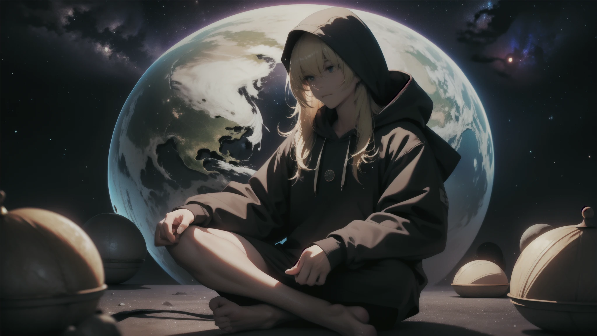 Intellectual long haired blonde guy sitting on earth doing zen meditation, Wearing a comfortable hoodie、Space clouds background, Vast galactic landscape, Guy meditating in outer space, Guy sitting on small earth、Liminal space in outer space!!!, Cosmic Enlightenment,