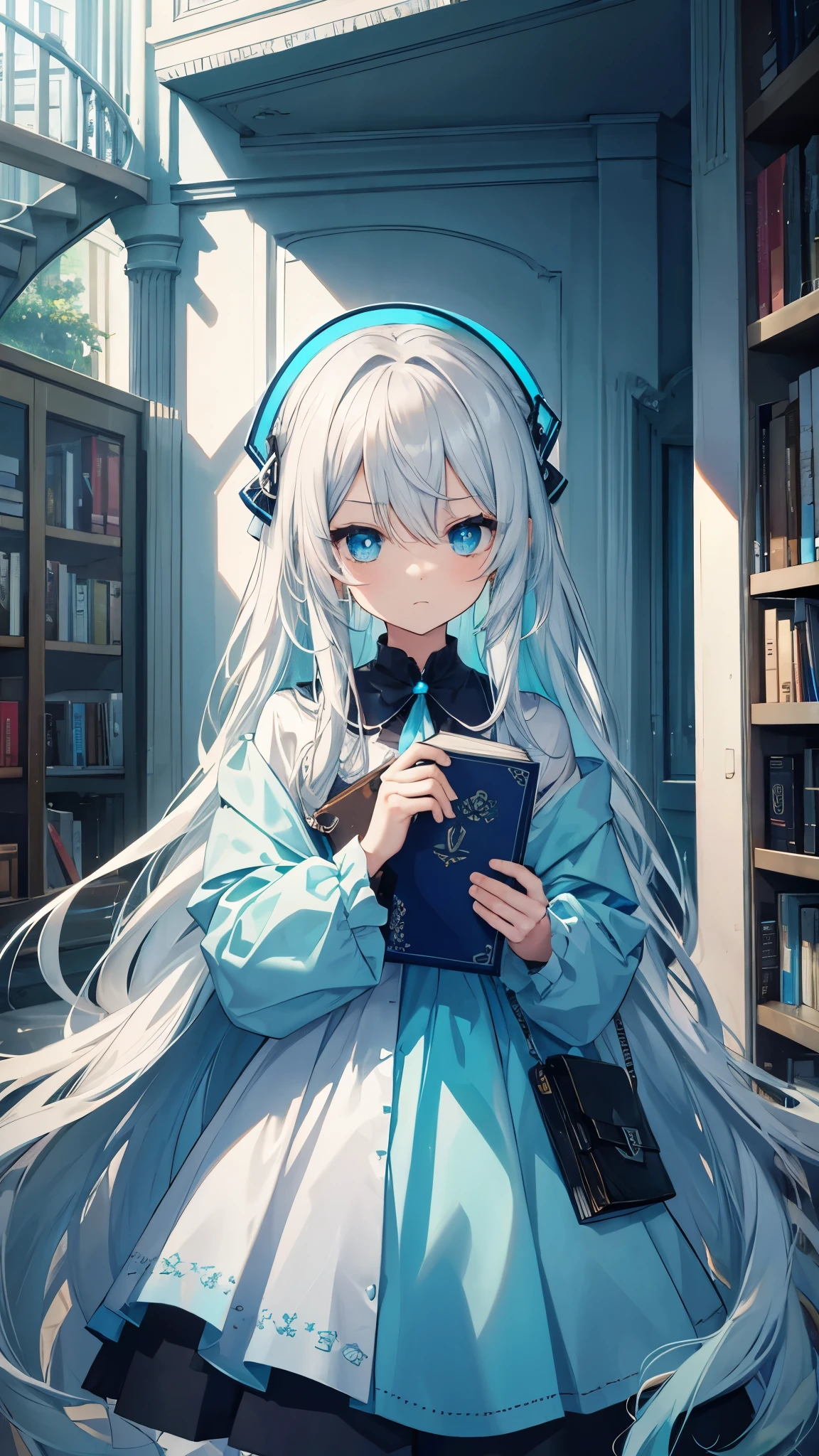 , long silver hair, cyan eyes, blue clothes, frown, Book, masterpiece, high quality