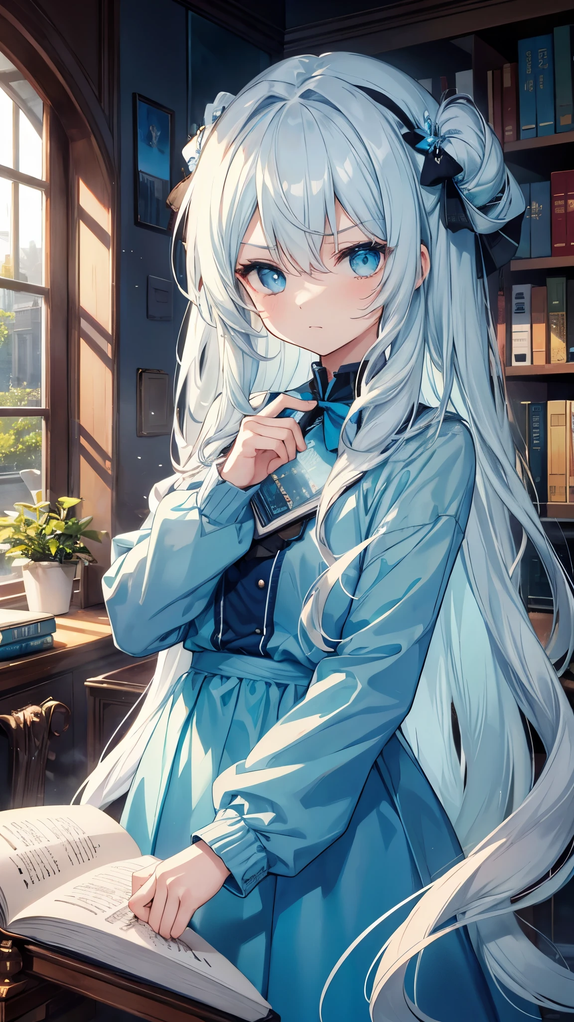 , long silver hair, cyan eyes, blue clothes, frown, Book, masterpiece, high quality