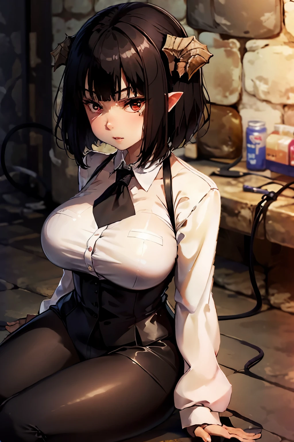 Black-haired demoness in a white blouse and black trousers