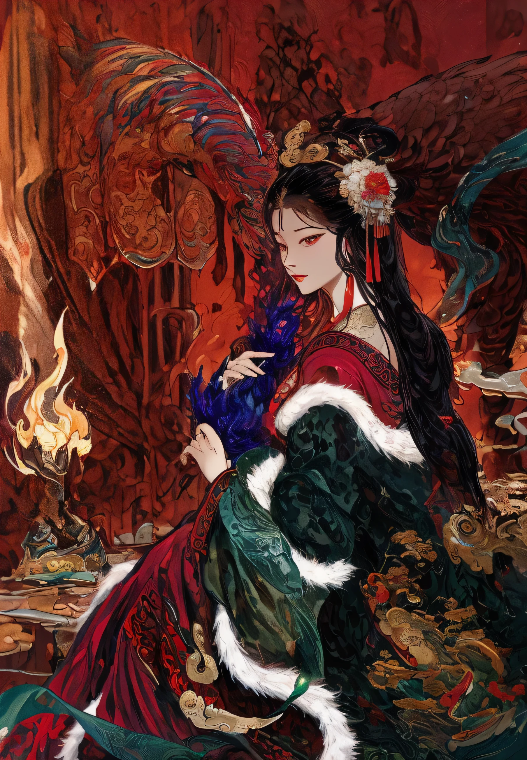 ((Unreal Engine 5)), Realistic rendering, ink strokes，Excellent, Pictures of beauties in the court of Han Dynasty, Dark green mink poncho，red robe，Holding peacock feathers in hand，beautiful，Palace candlelight background，Bronze Crane，The feeling comes from Chen Danqing, zhang daqian，Inspired by Hu Zaobin, Inspired by Zhu Derun, Ukiyo-style，