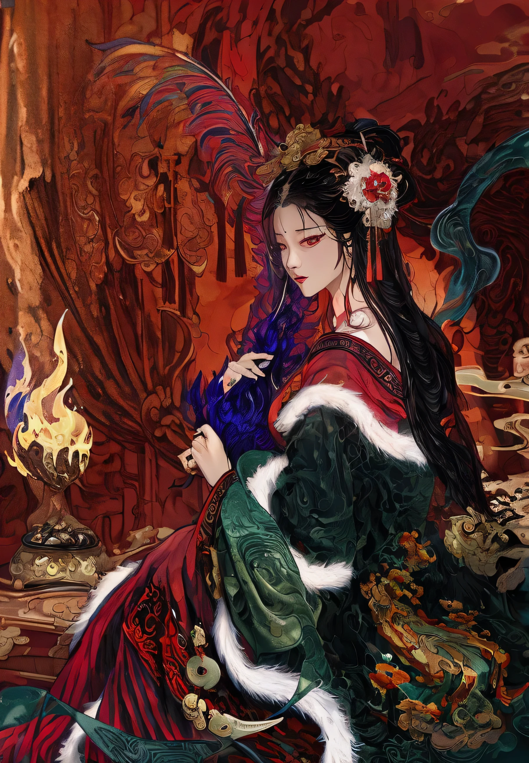 ((Unreal Engine 5)), Realistic rendering, ink strokes，Excellent, Pictures of beauties in the court of Han Dynasty, Dark green mink poncho，red robe，Holding peacock feathers in hand，beautiful，Palace candlelight background，Bronze Crane，The feeling comes from Chen Danqing, zhang daqian，Inspired by Hu Zaobin, Inspired by Zhu Derun, Ukiyo-style，