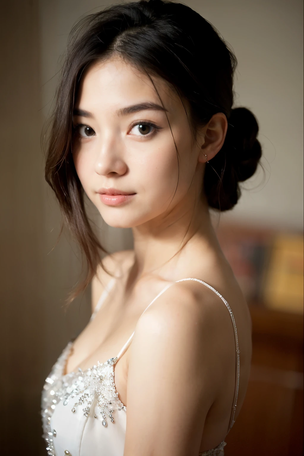 Quite a bit body, photo of a gorgeous young asian woman in a Glamorous outfit, beautiful slim face Japanese girl, still from the film, ((solo)), (Marion Cotillard look alike face: 0.8), a cute beautiful slender model with braids, captivating eyes, living room in Warsaw apartment, cleavage, nora attal, 18-year-old girl, skin detail, 4k, closeup, Dark-art nature-cosplay, A24 style flash Photo, film grain, Leica SL3, Summicron-SL 75 f/2 ASPH, kodak gold 200 film, dynamic action pose,